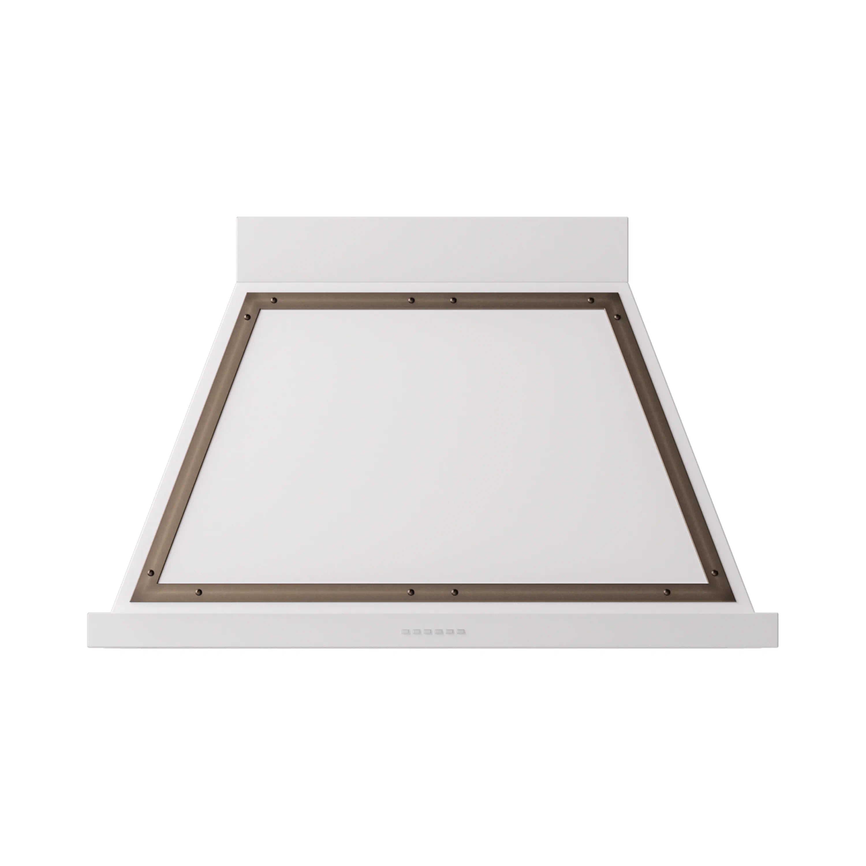 White wall range hood with bronze mounting frame and open underside vent area