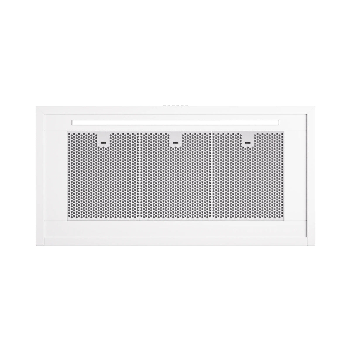 White range hood front grille with perforated metal filter and three control markers