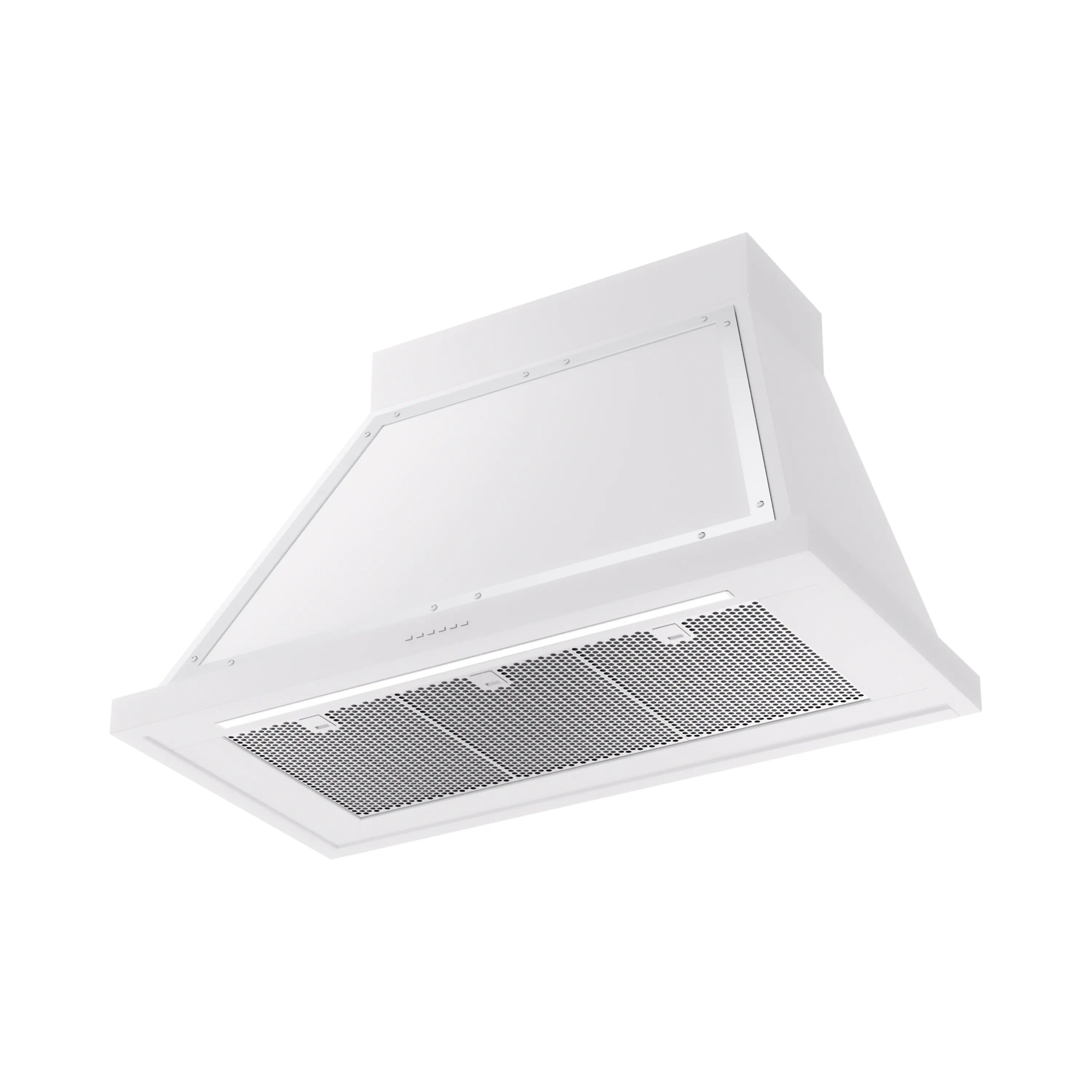 White wall-mounted range hood with angled chimney and perforated mesh grease filter