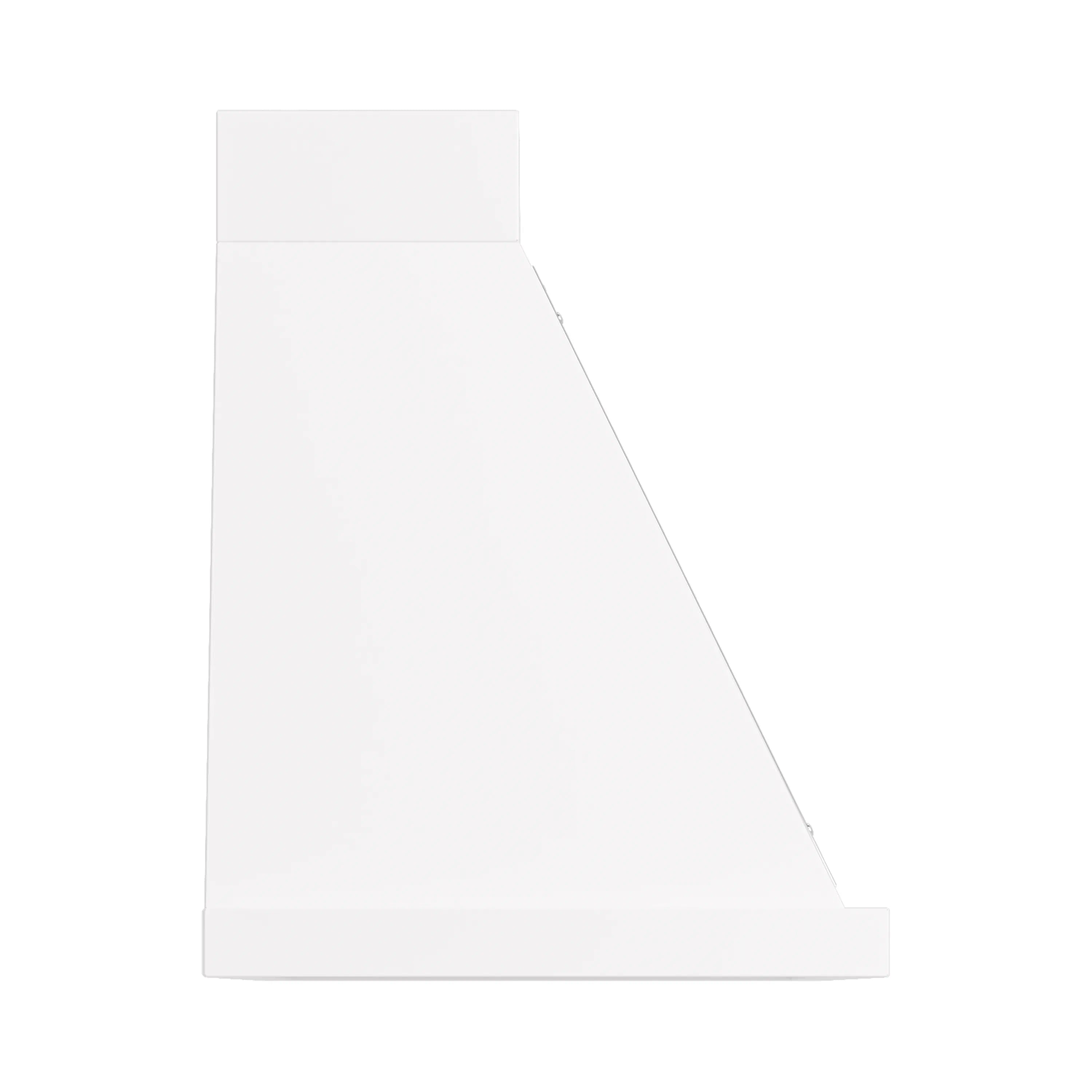 White wall-mounted range hood side profile with smooth panel and angled chimney