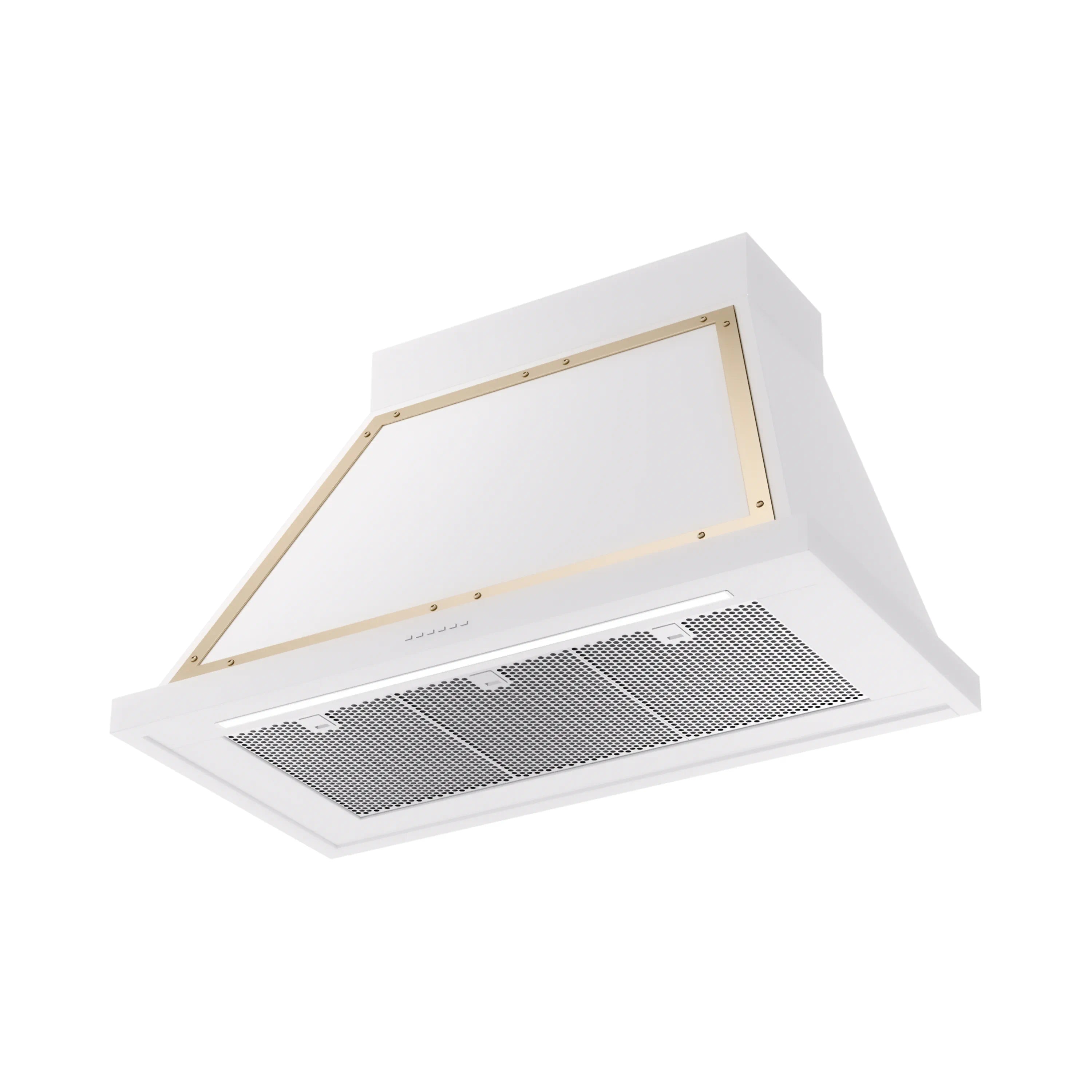 Wall-mounted range hood underside with brass edge frame and two metal mesh filters