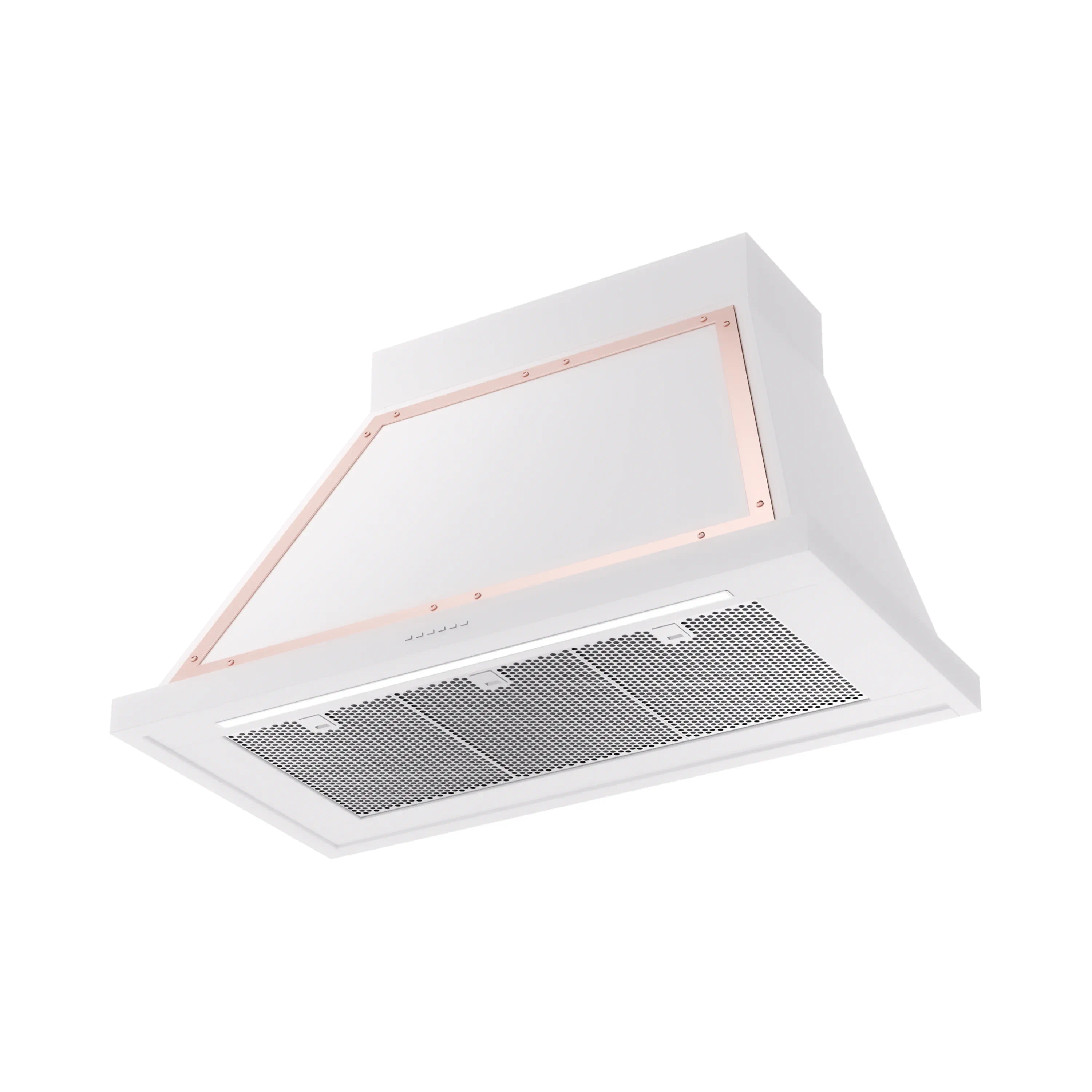 Wall-mounted range hood canopy with underside two mesh filters and copper trim frame