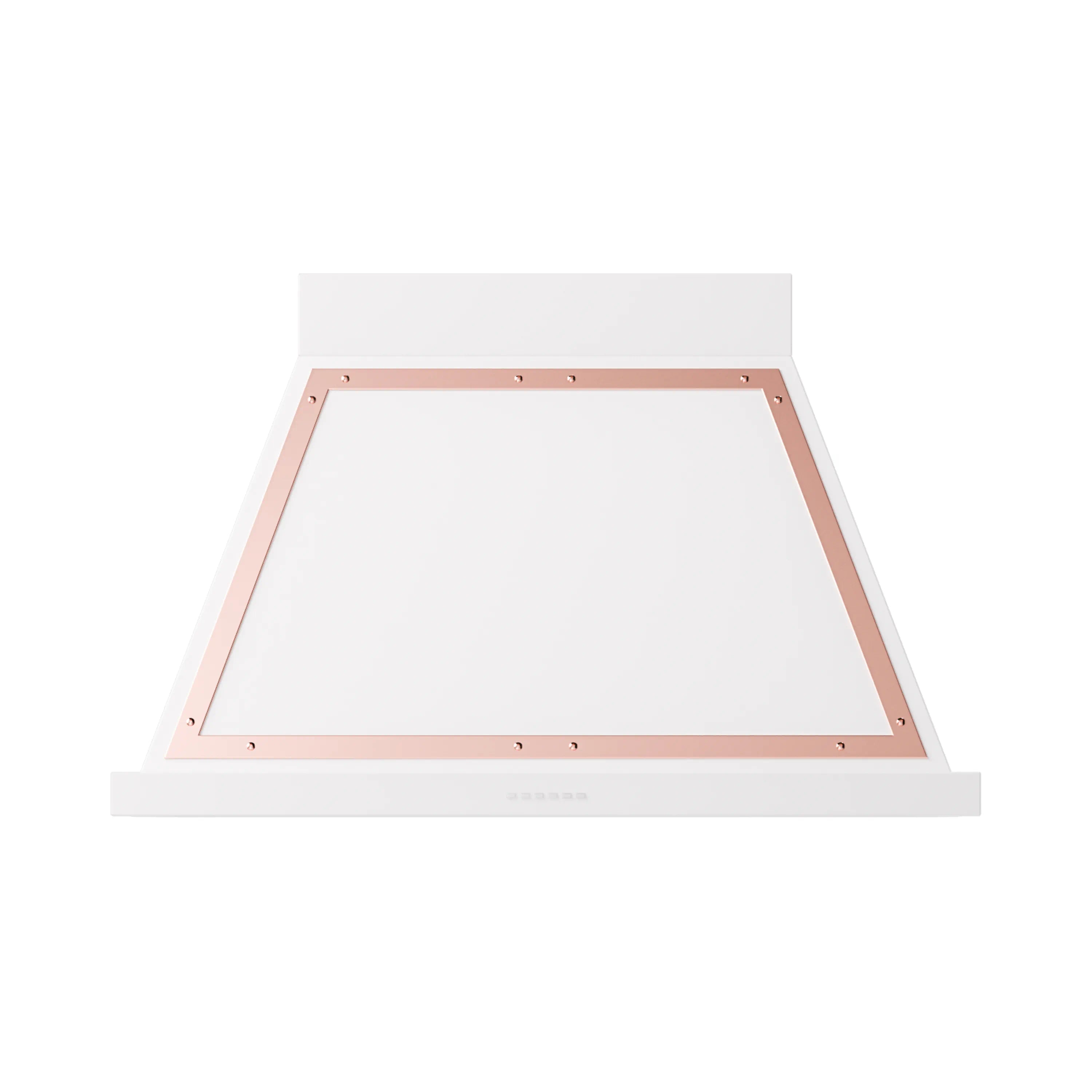 Wall-mounted range hood underside with copper-trimmed interior frame