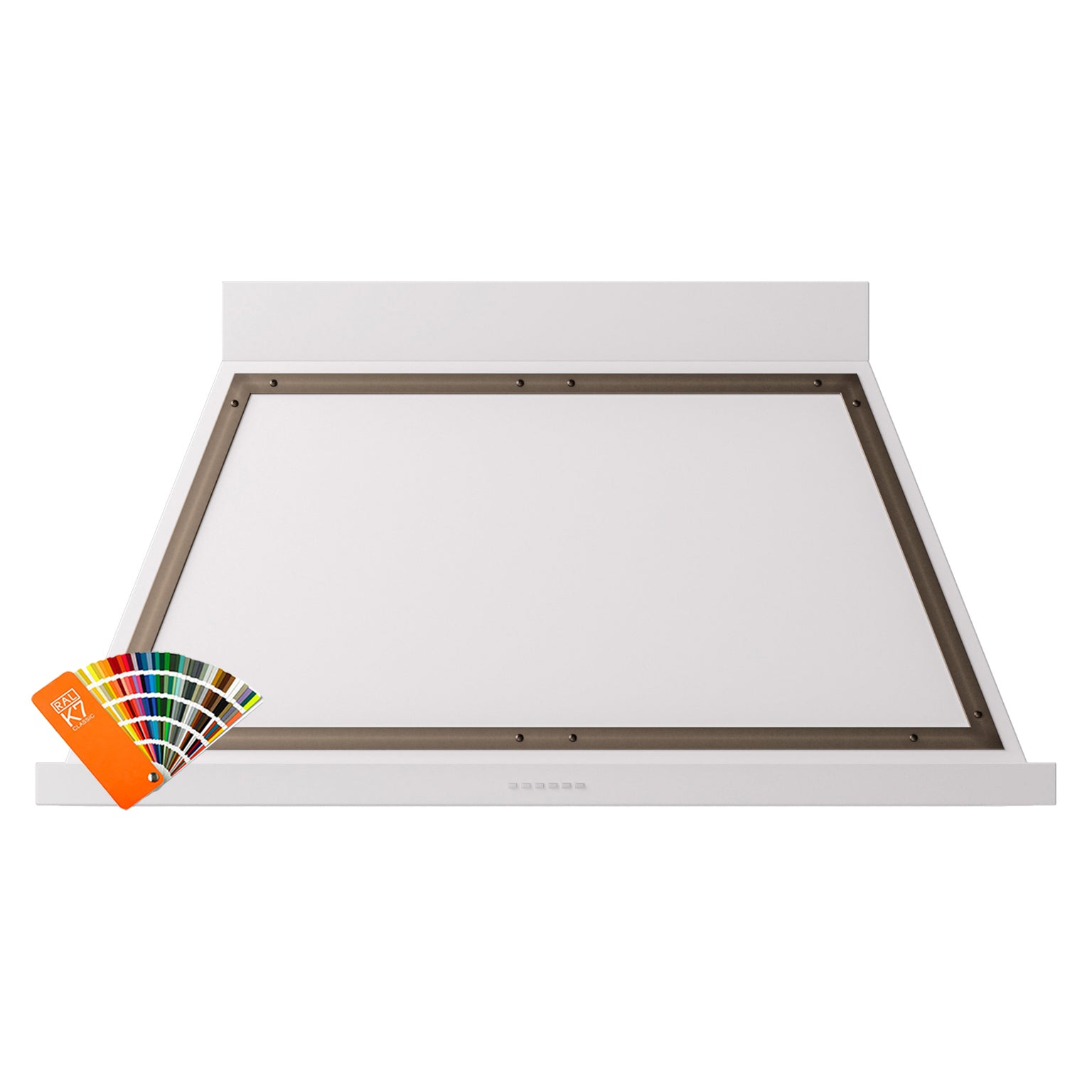 Wall-mounted range hood underside with open frame, bronze trim and light-colored body
