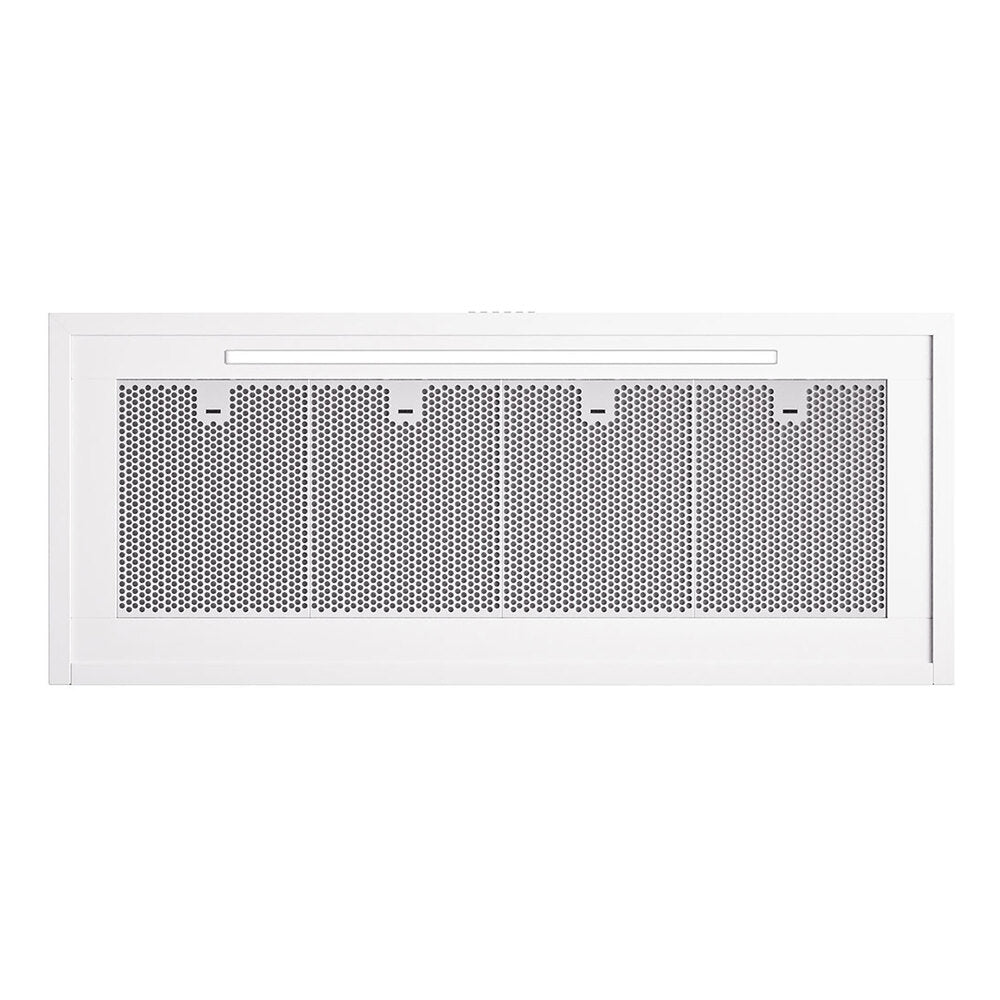 Wall-mounted range hood with perforated metal filter panels and bronze trim, white finish