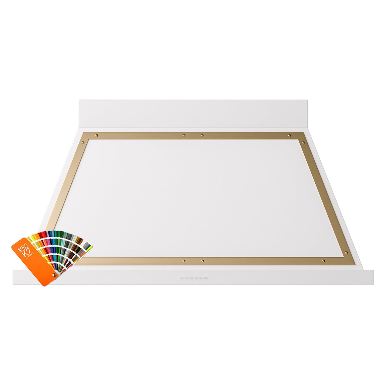 Underside opening of wall range hood with brass trim and rectangular interior