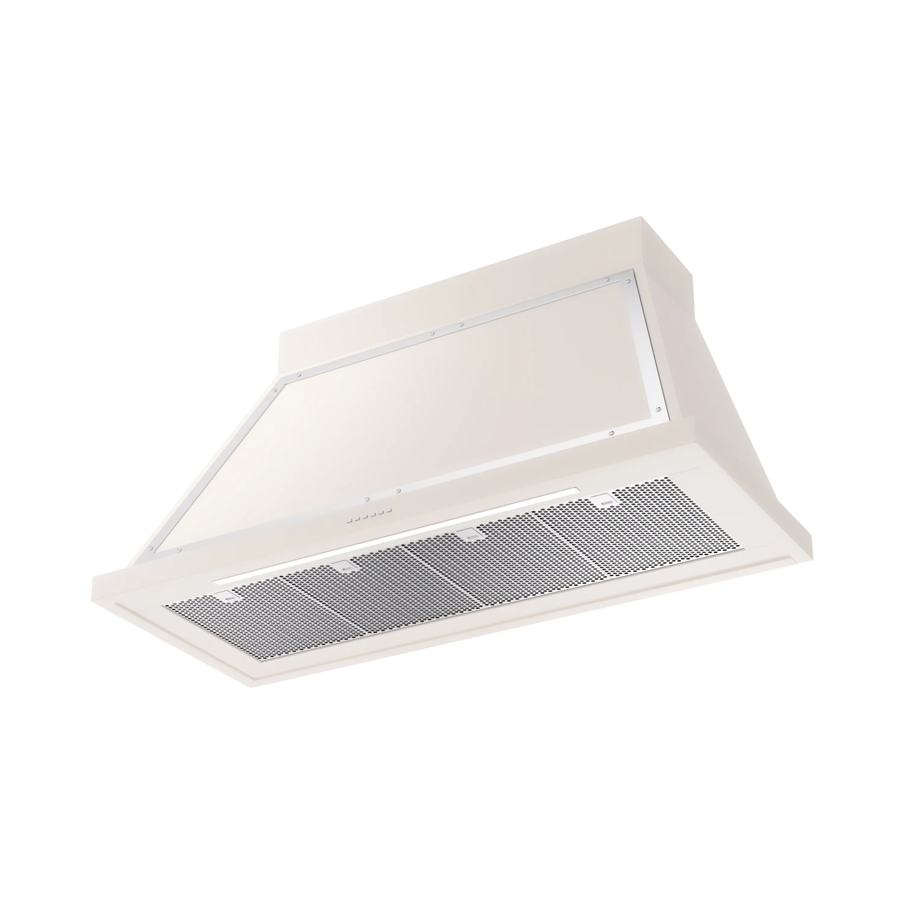 Antique white wall range hood with chrome frame and stainless vent filter panels