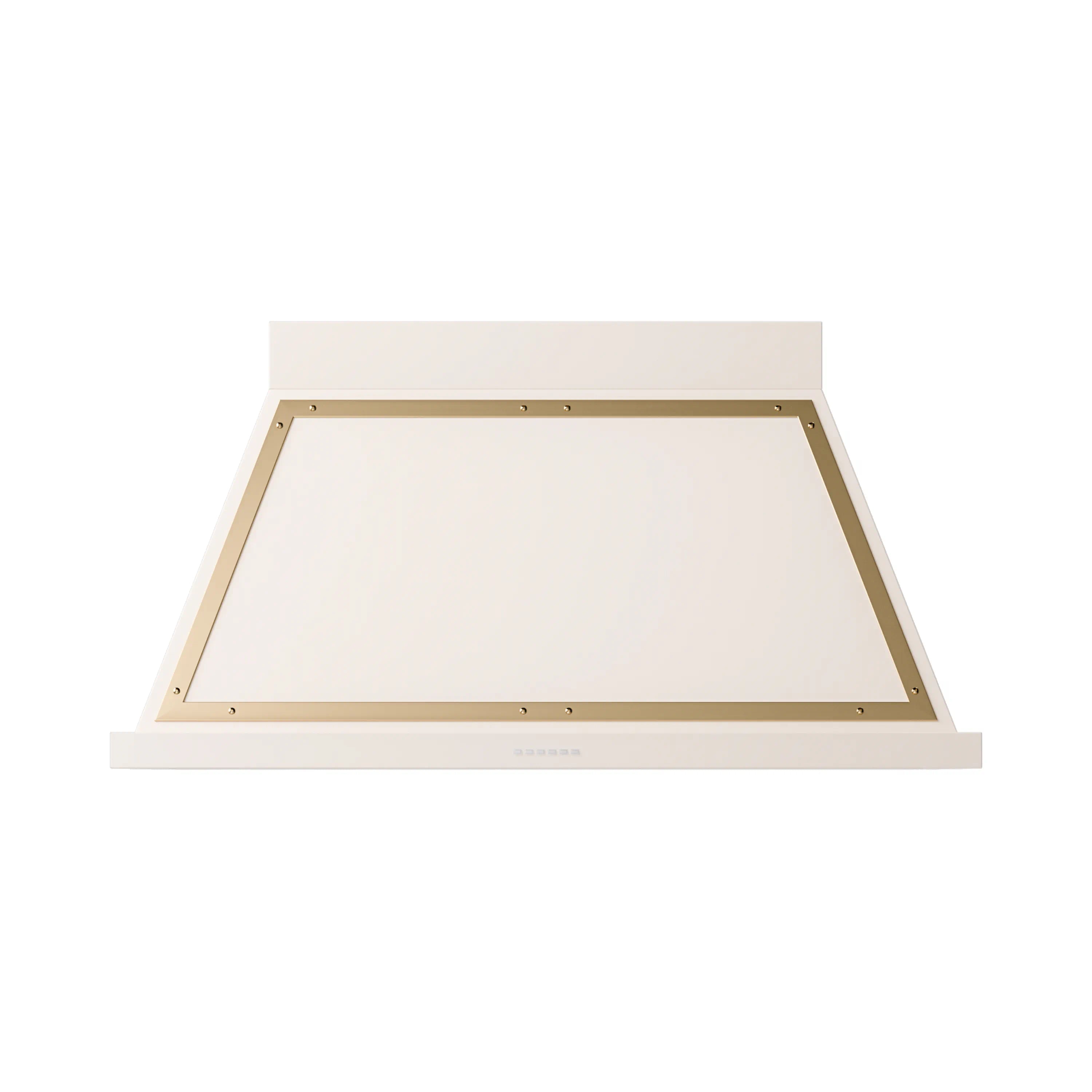 Antique white wall range hood underside with brass mounting frame and vent opening