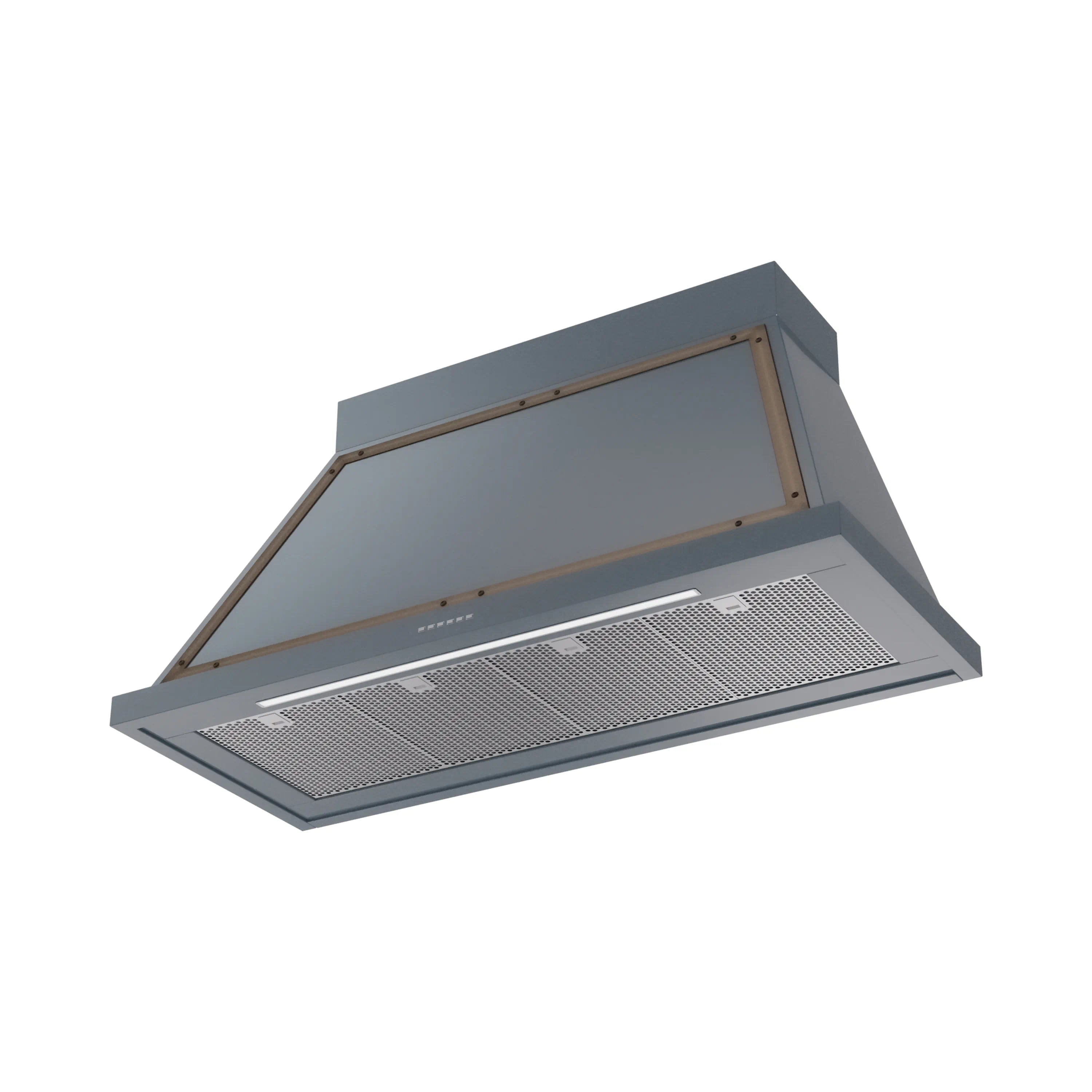 Range hood underside in blue grey with bronze trim and metal filter grille
