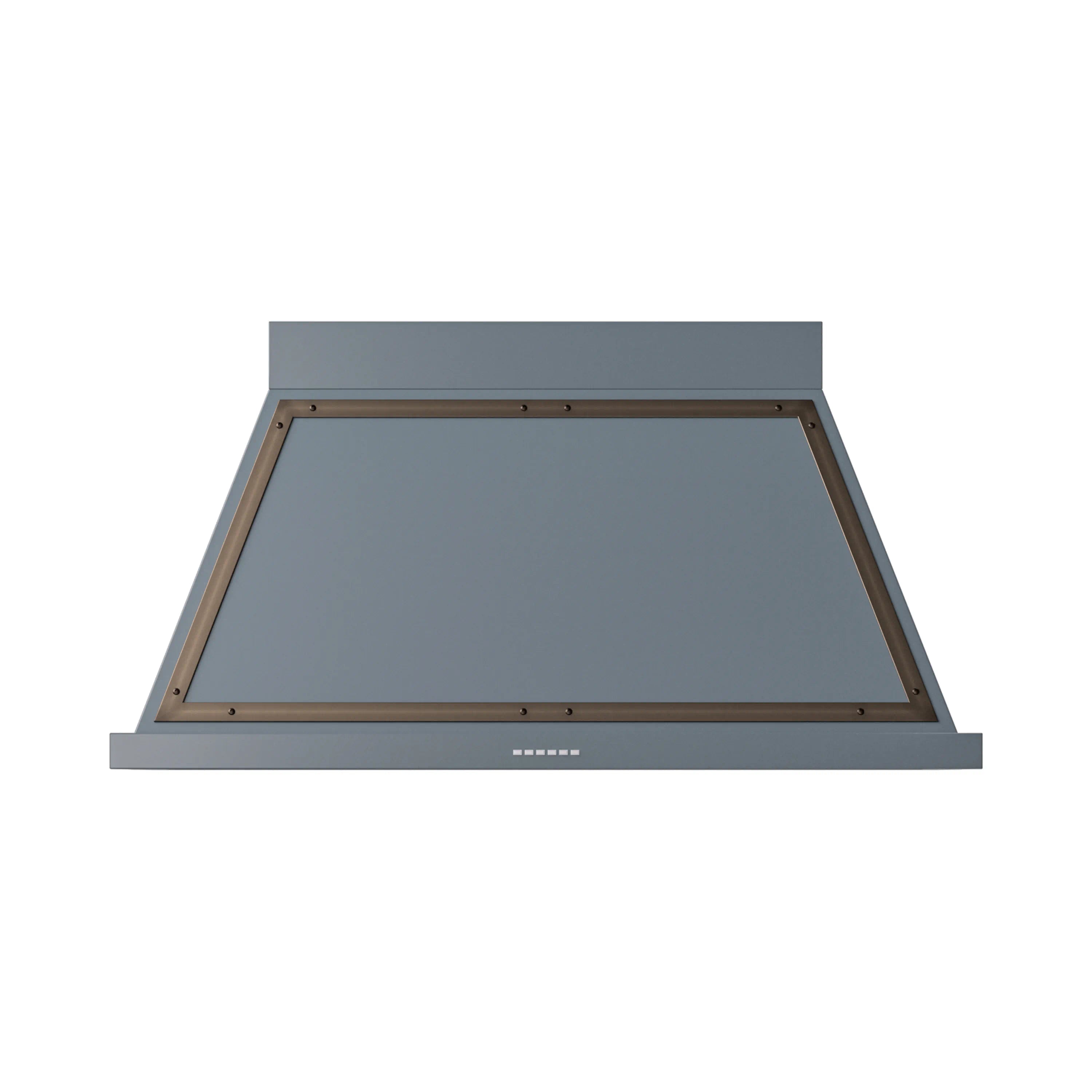 Wall-mounted range hood in blue grey with bronze trim and open canopy
