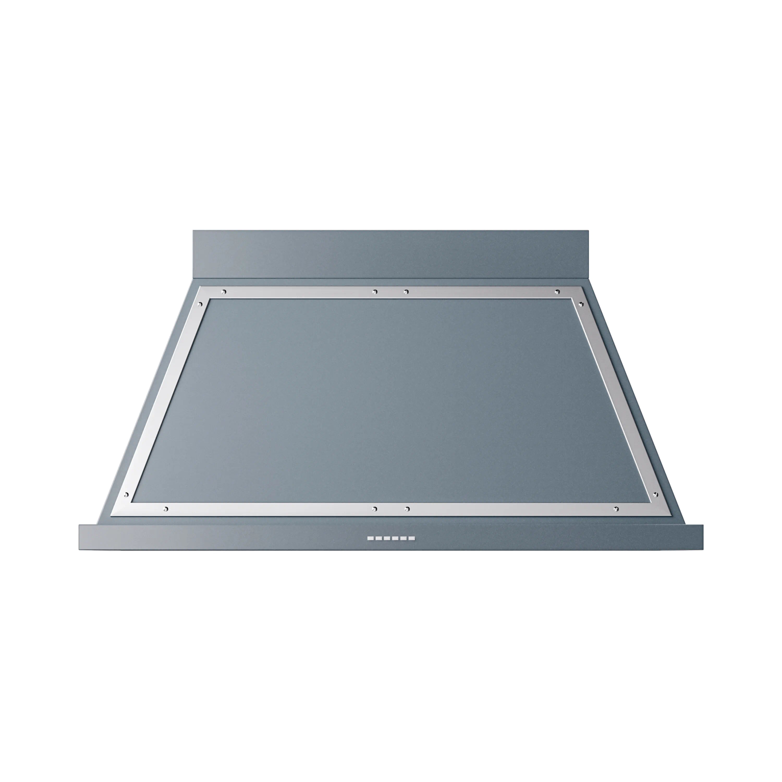 Blue-grey wall-mounted range hood with chrome trim and front filter panel