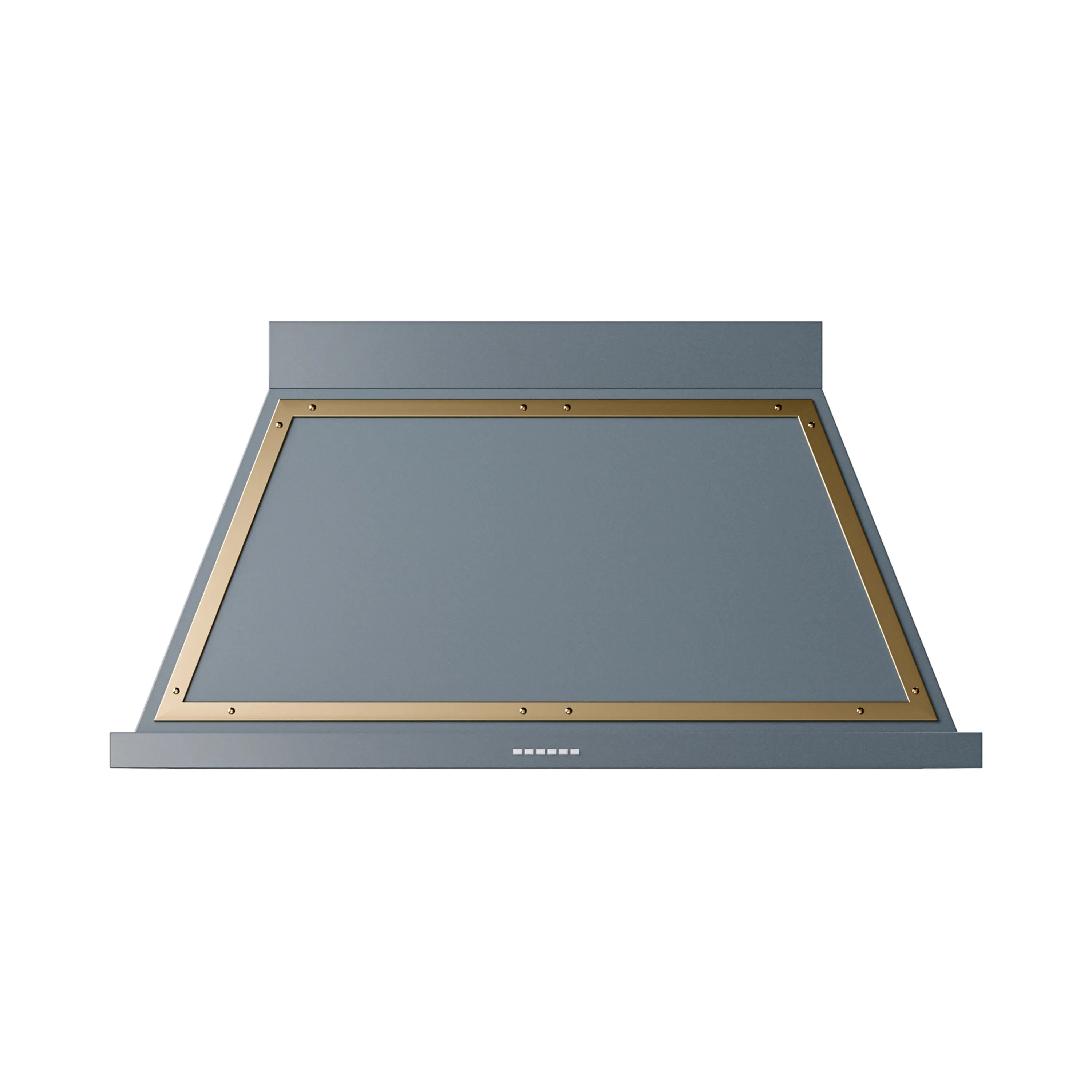 Blue grey wall-mounted range hood with brass-trimmed canopy opening and vent grilles