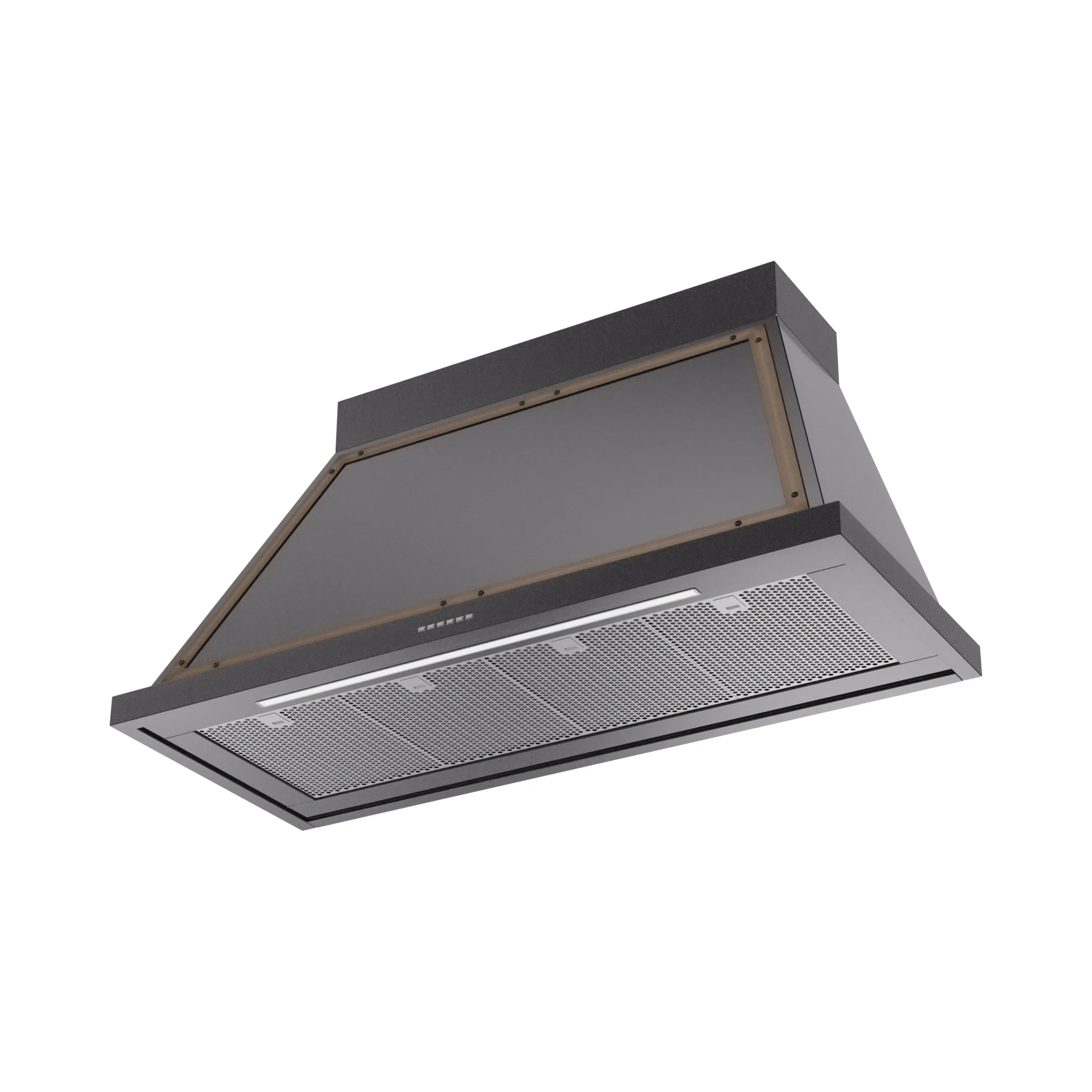 Wall-mounted range hood, glossy black with bronze frame and metal mesh filter panel