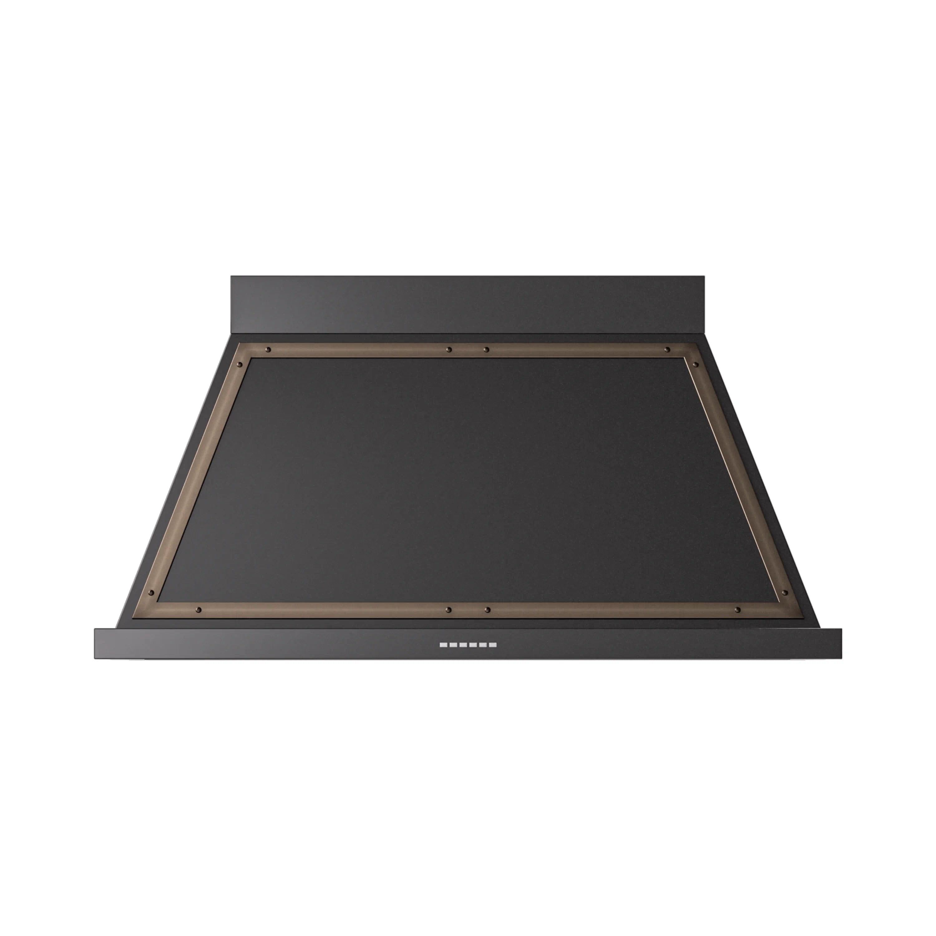 Wall-mounted range hood, glossy black with bronze edge trim and open underside