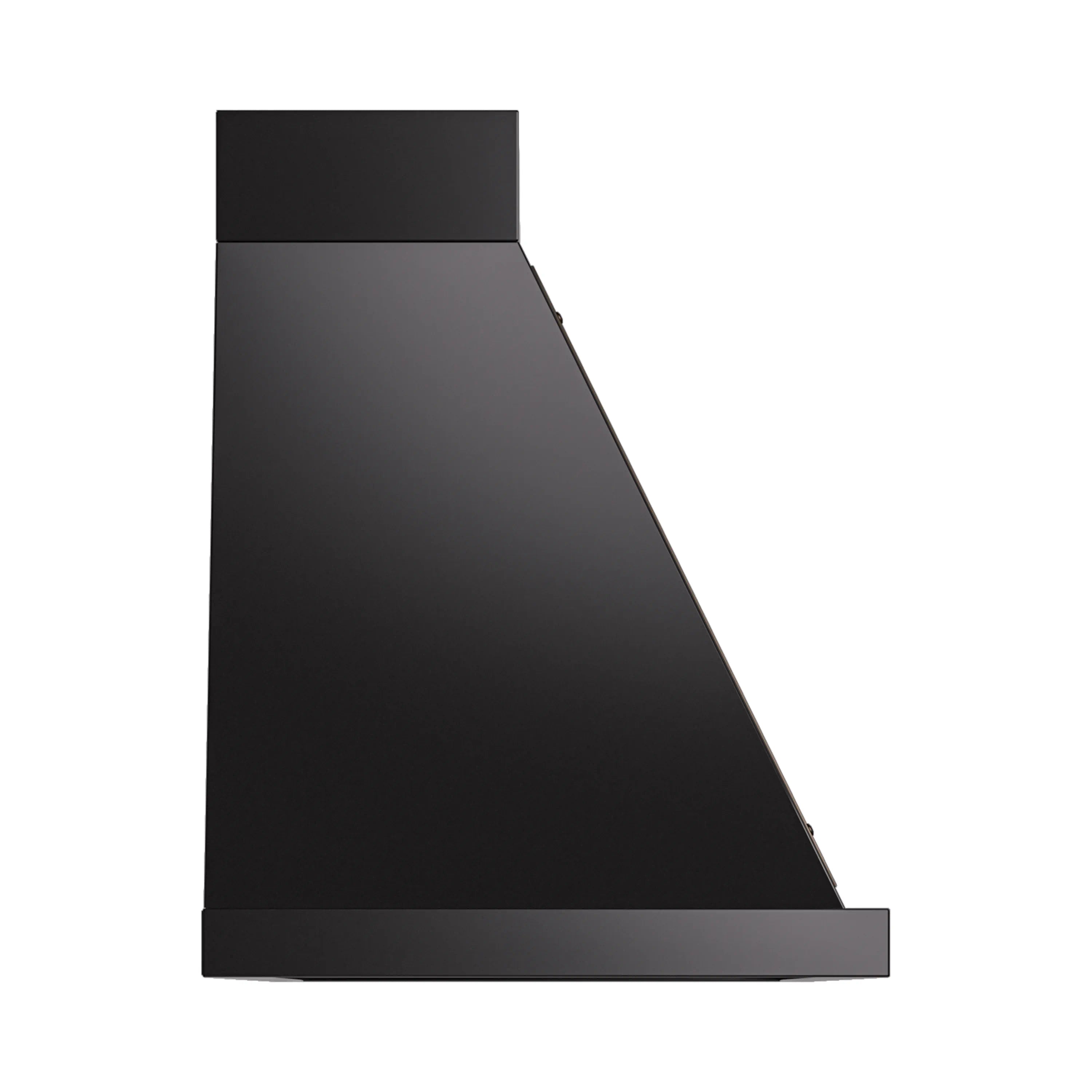 Wall-mounted range hood, glossy black slanted chimney with bronze side trim