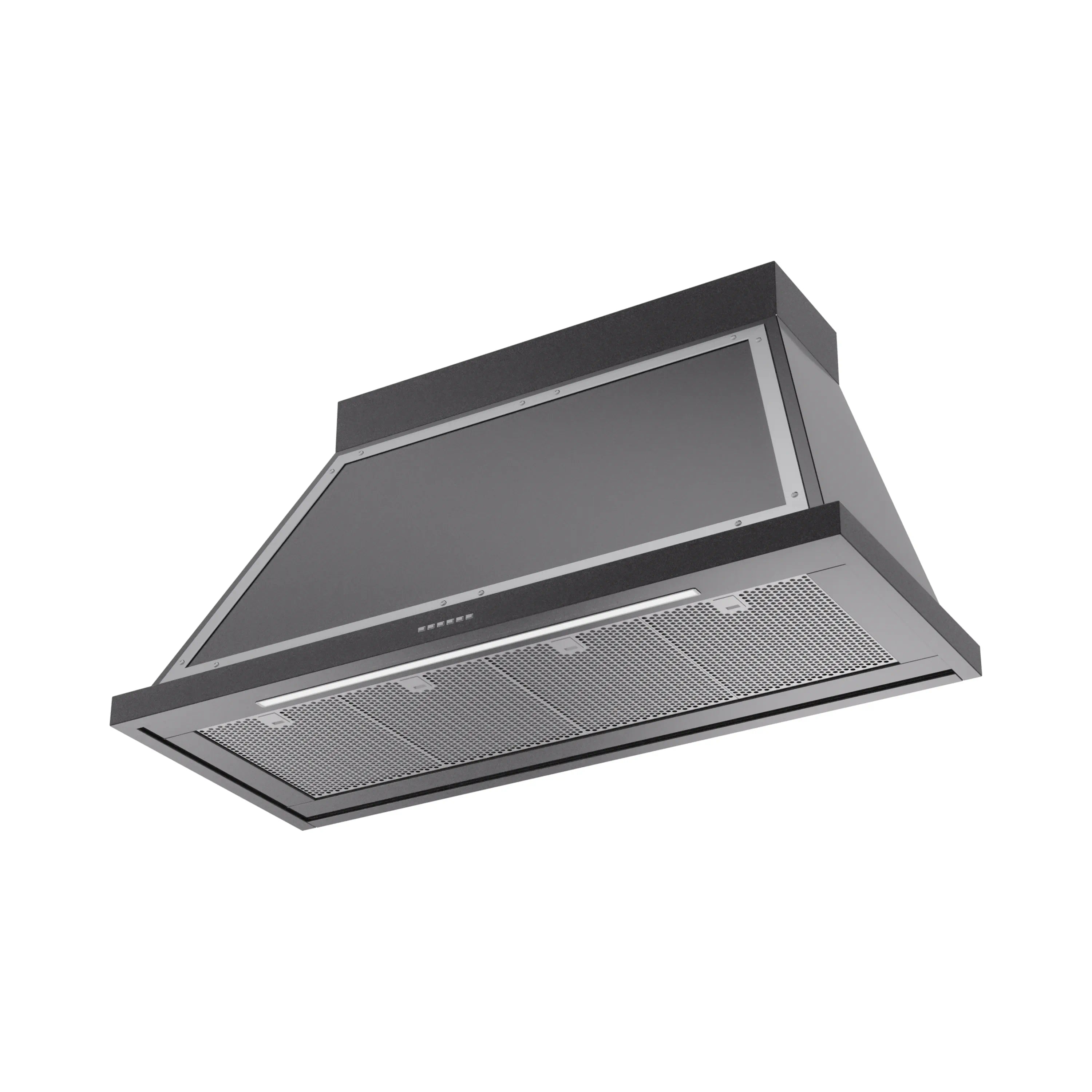 Wall mounted range hood in glossy black with chrome edge, front mesh filter and vents.