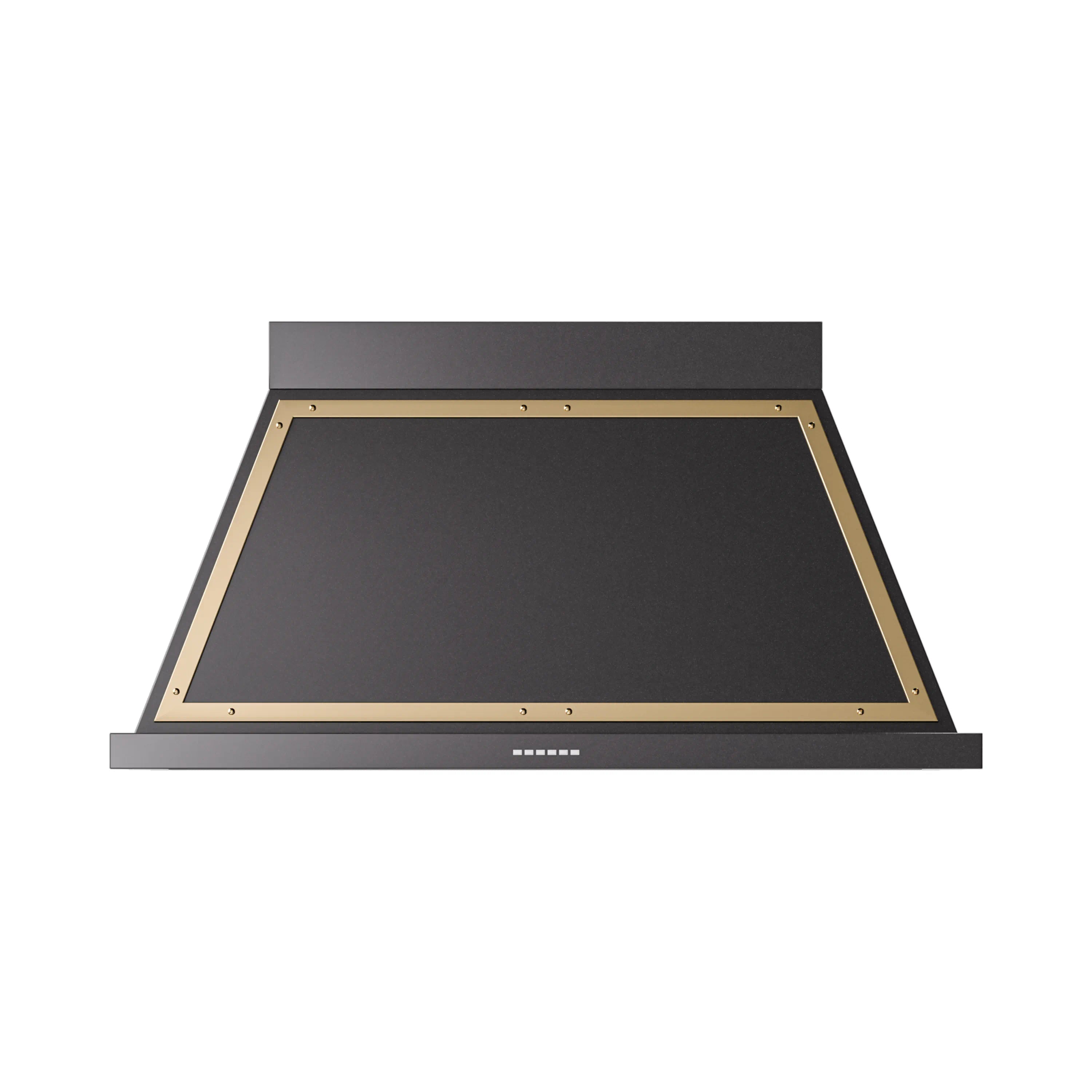 Glossy black wall range hood with brass-trimmed opening and front control strip.