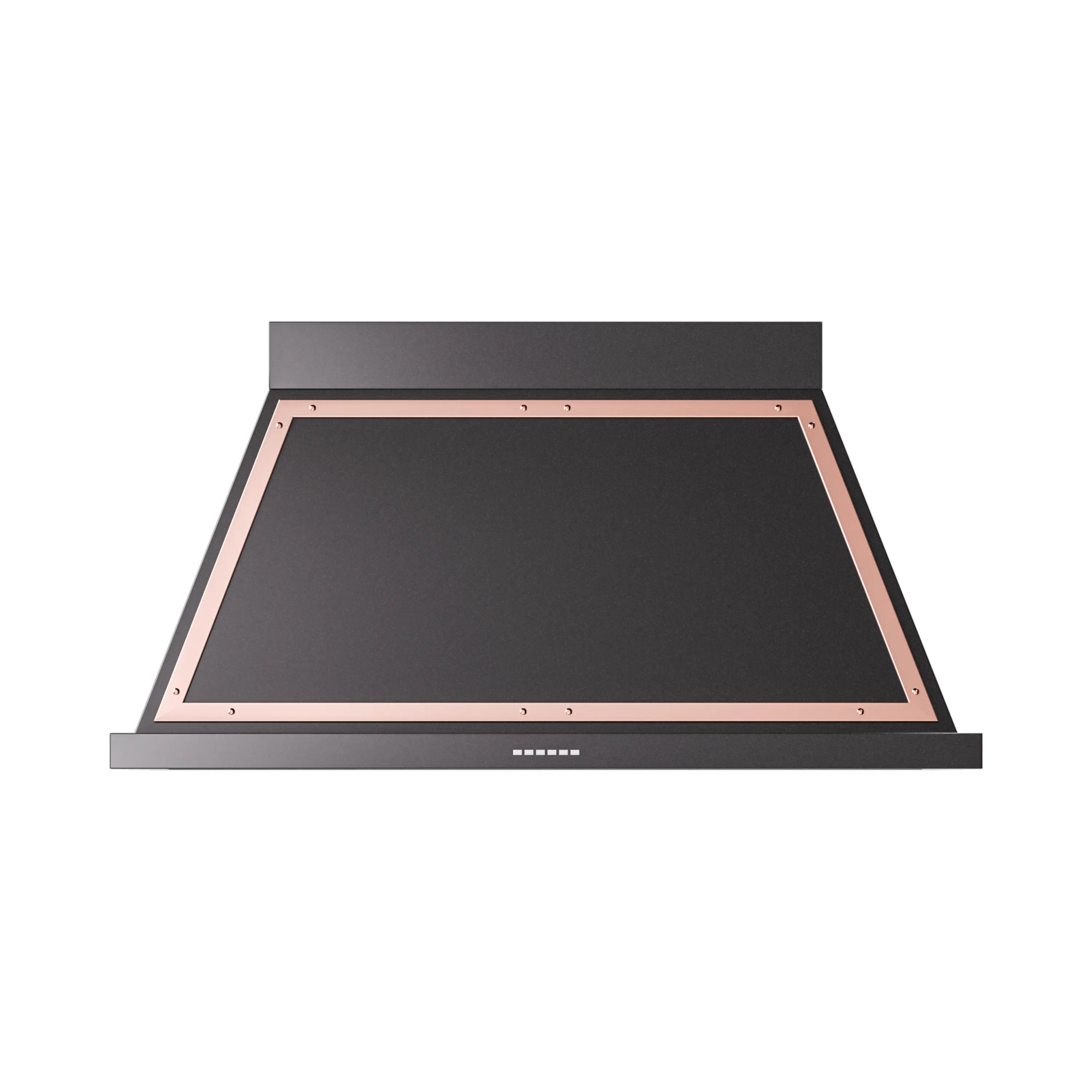 Glossy black wall-mounted range hood with copper-trimmed chimney and vent panel