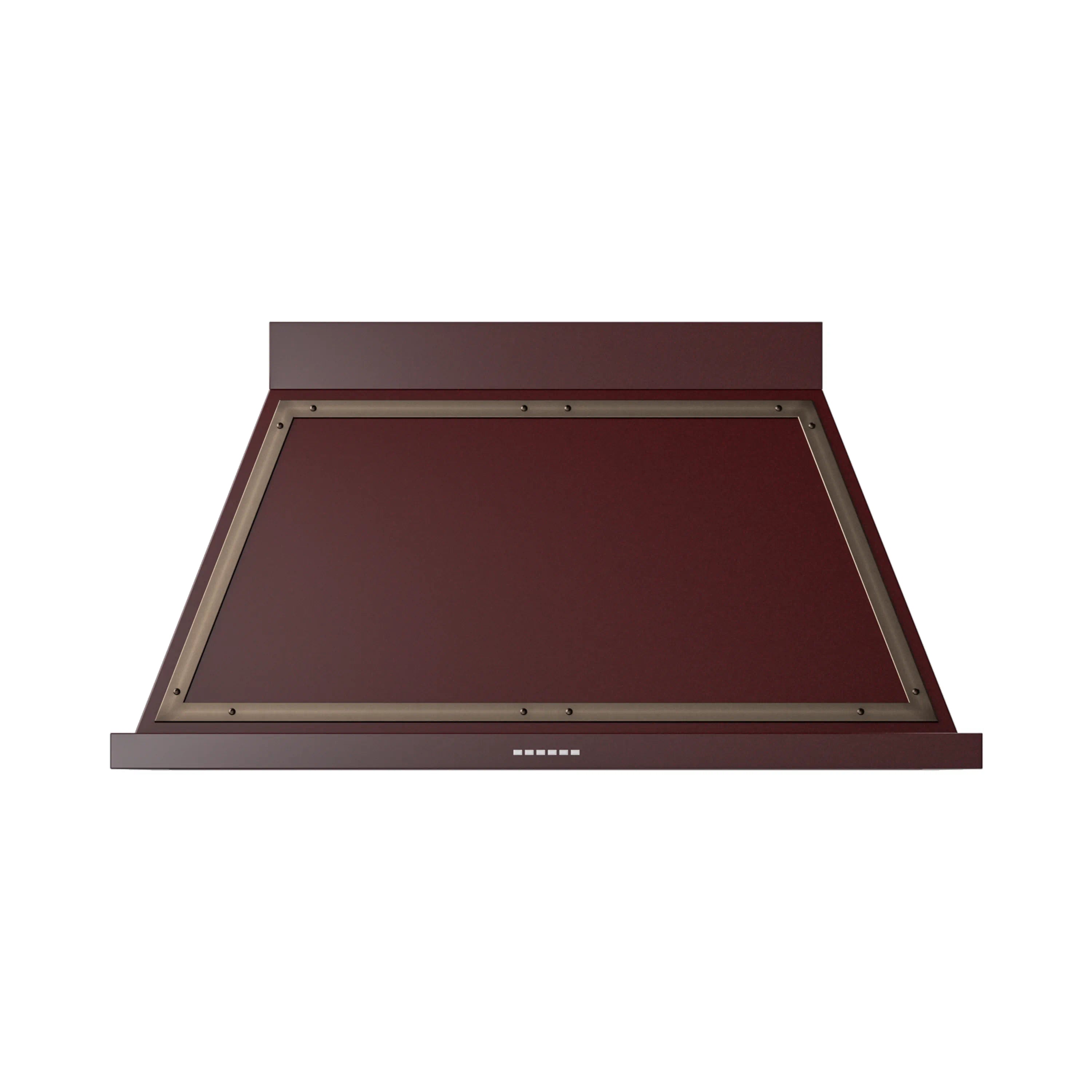 Burgundy wall-mounted range hood with bronze trim and open underside panel