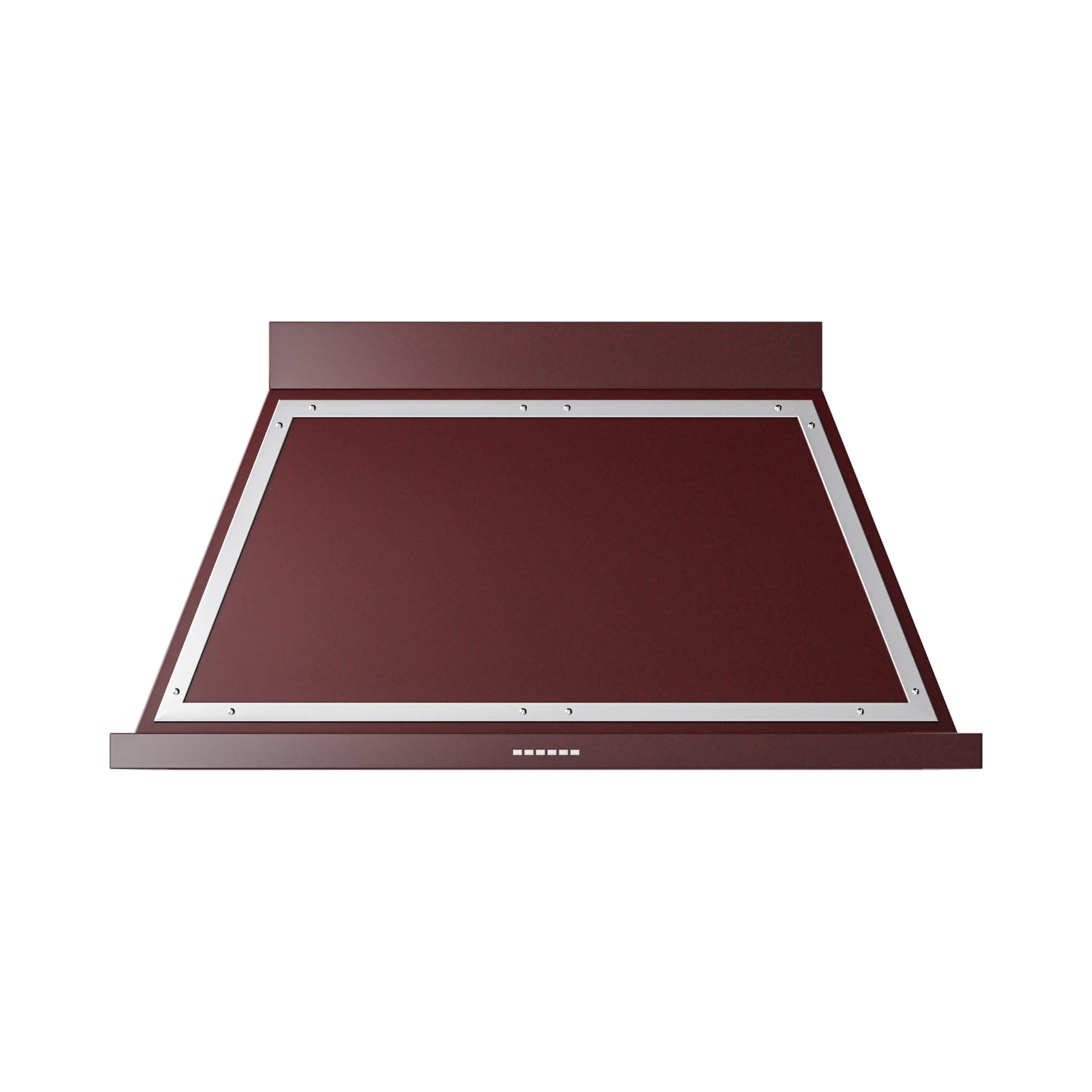 Burgundy wall-mounted range hood underside with chrome frame and recessed opening