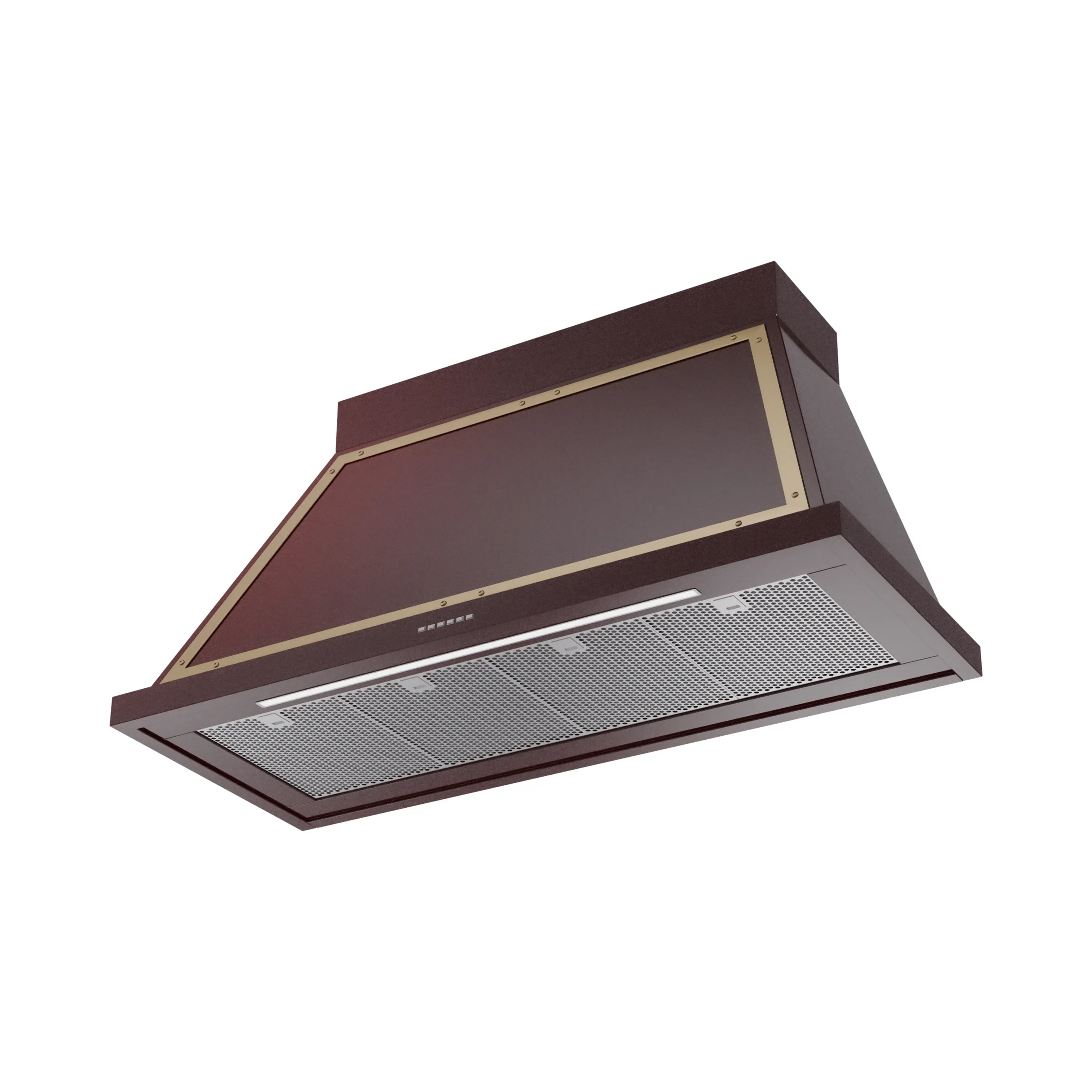 Burgundy wall-mounted range hood with brass-trimmed canopy and front grease filter grille