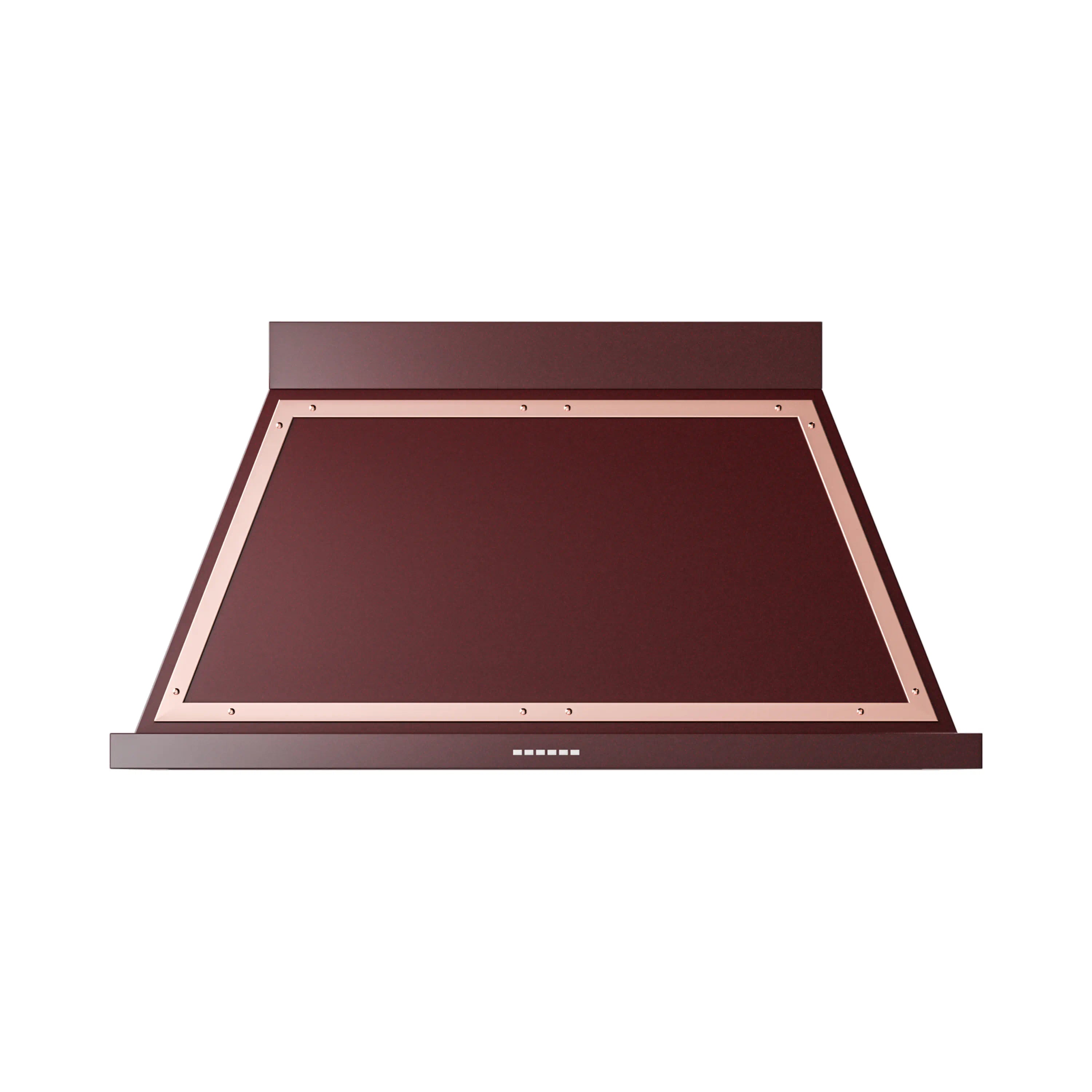 Burgundy wall hood canopy with copper trim and front mesh filter panel