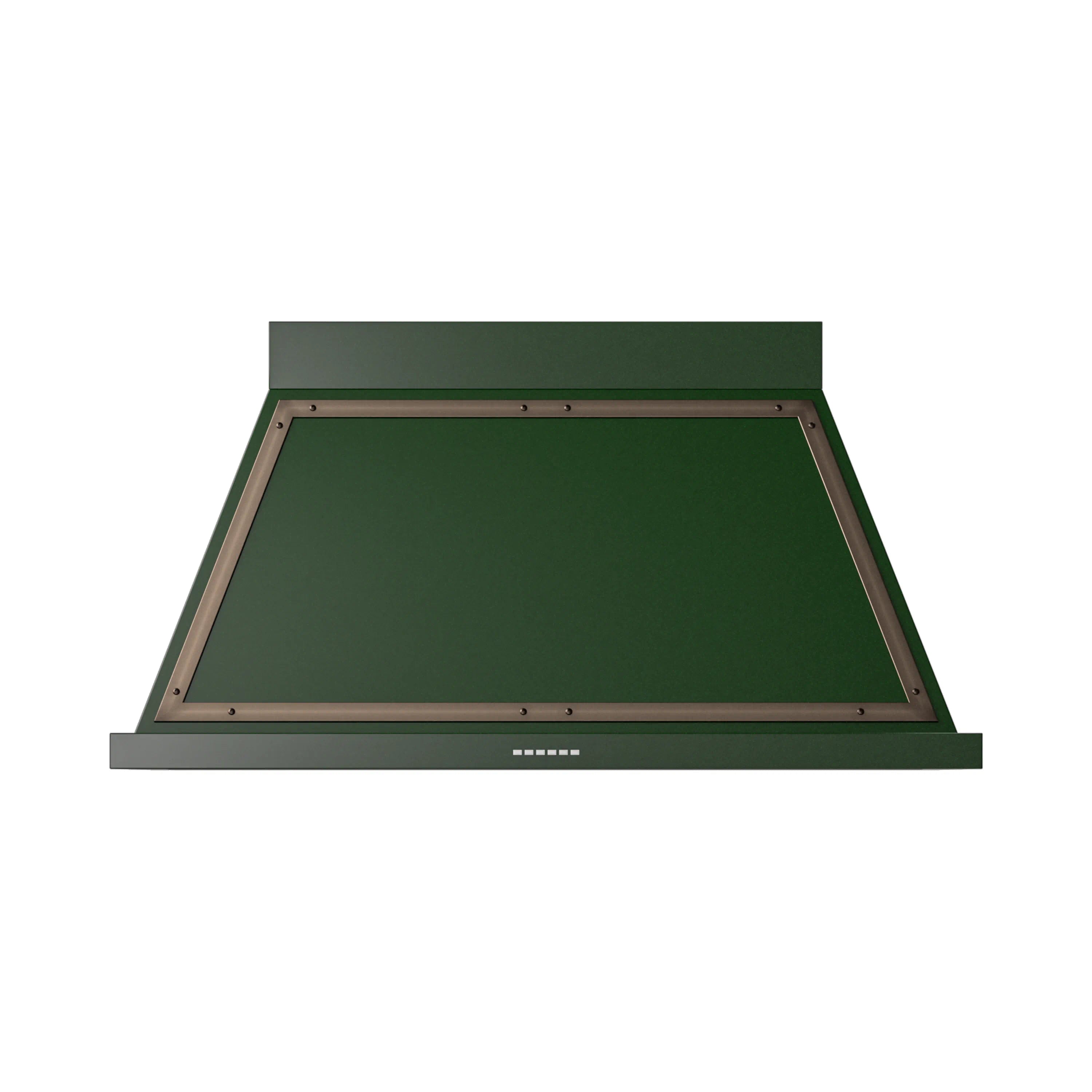 Emerald green wall-mounted range hood with bronze trim and open filter screen