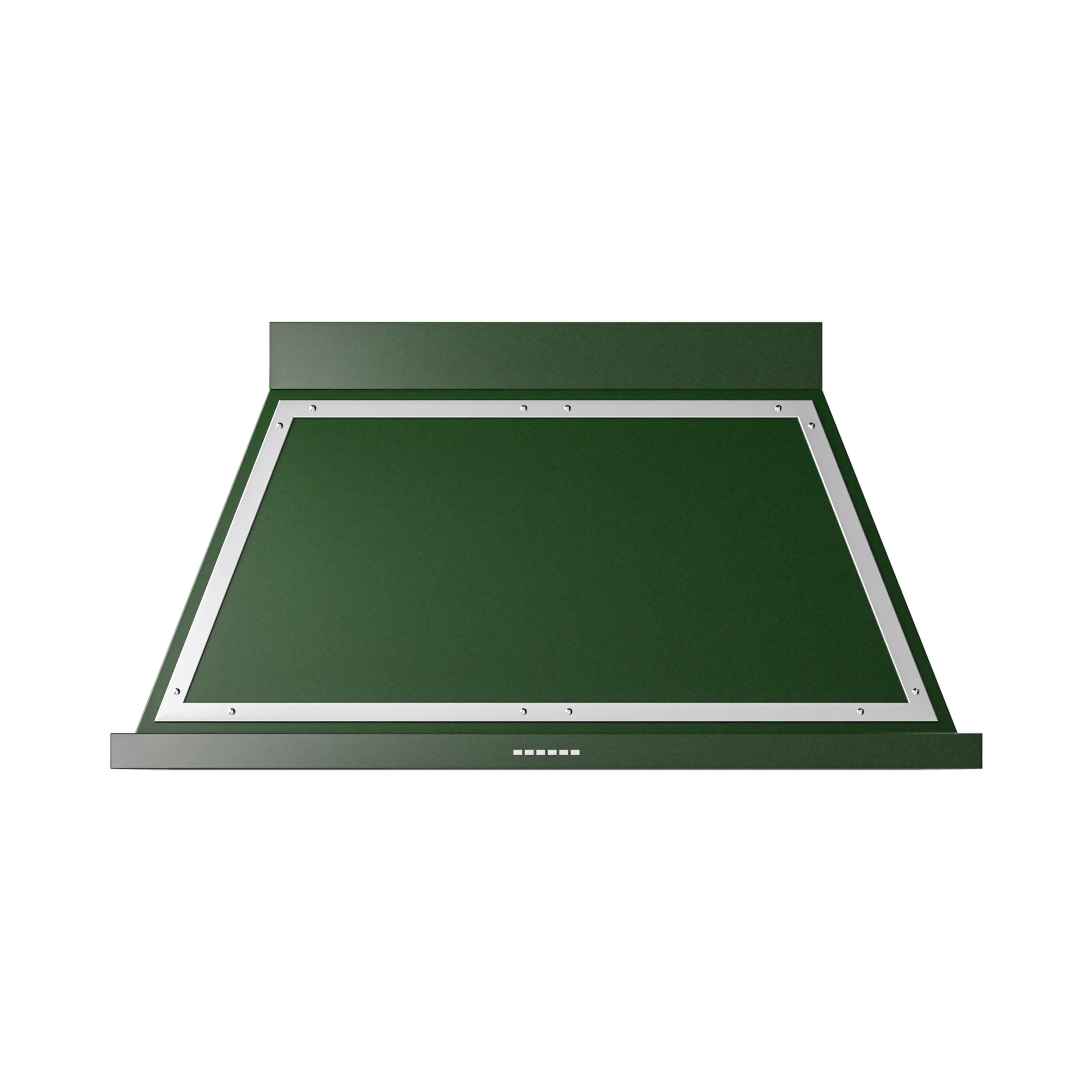 Wall-mounted emerald green range hood front panel with vent openings and chrome trim