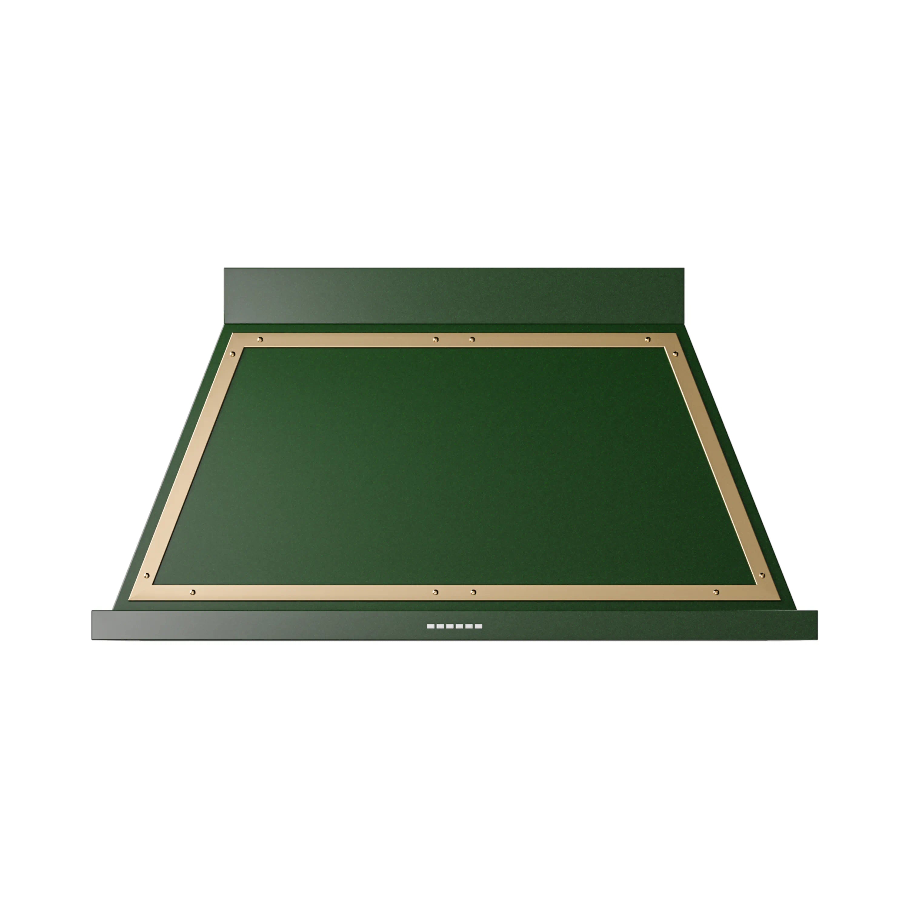 Emerald green wall-mounted range hood with brass trim and front vent opening