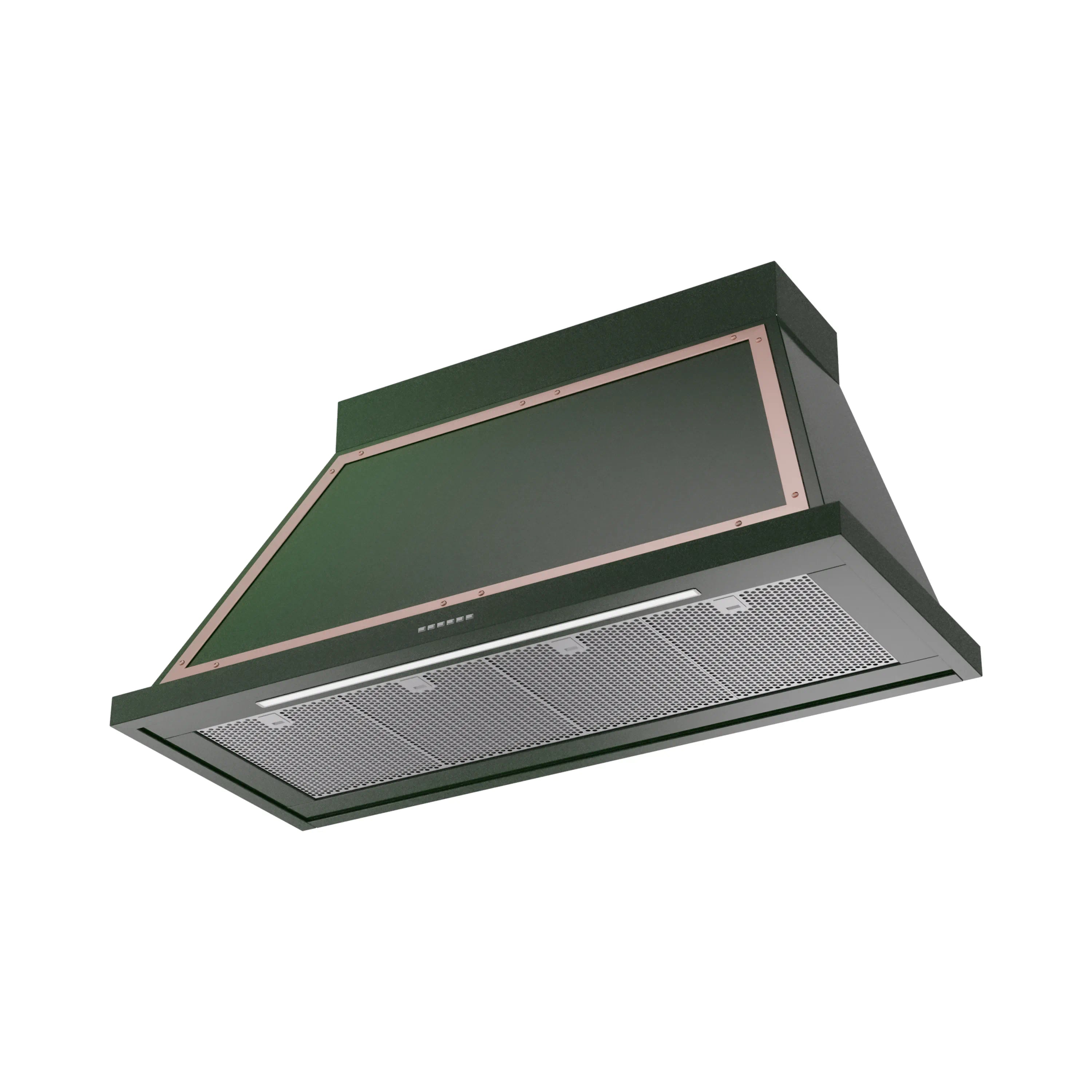 Emerald green wall range hood with copper frame and mesh vent filters