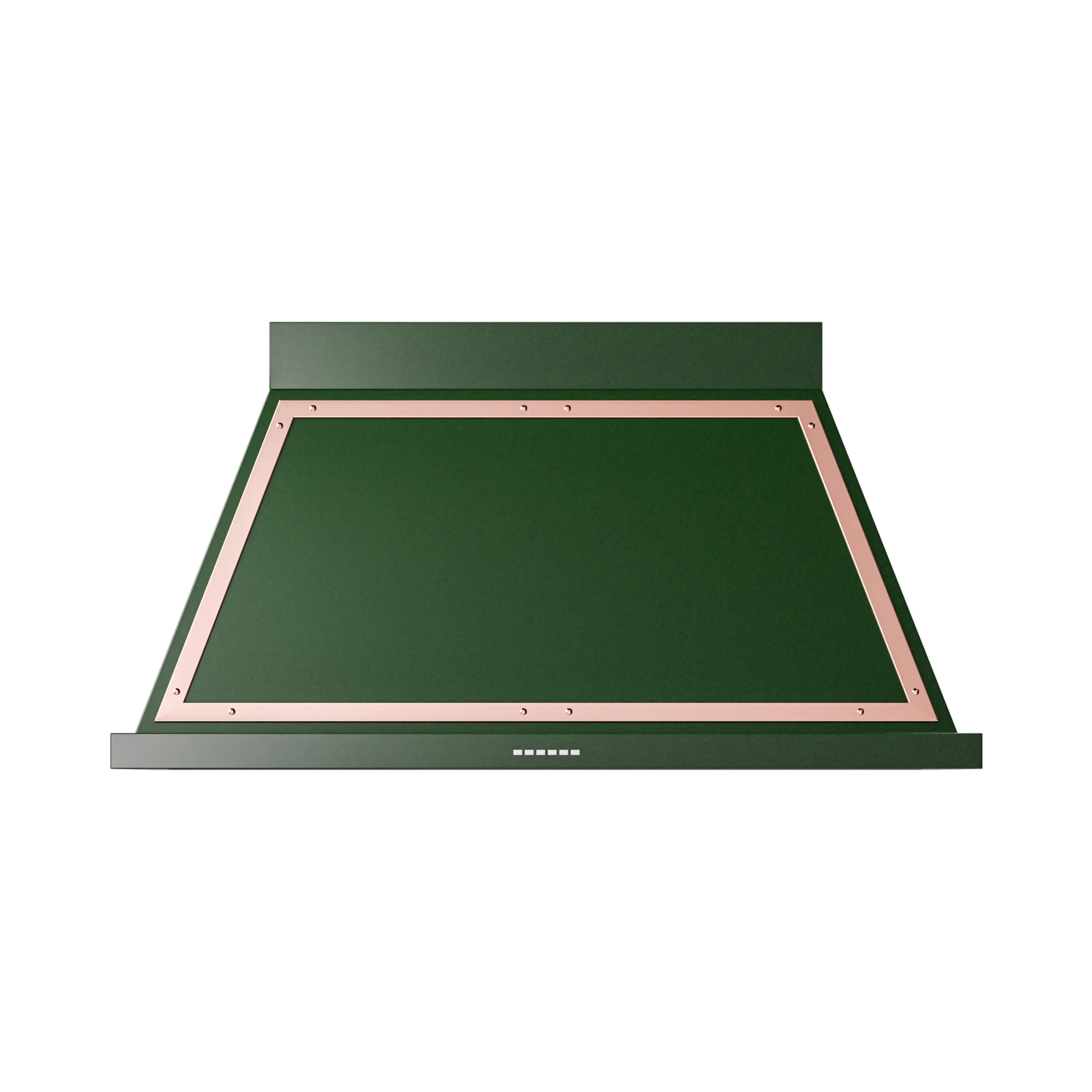 Emerald green wall range hood with copper trim and front grille