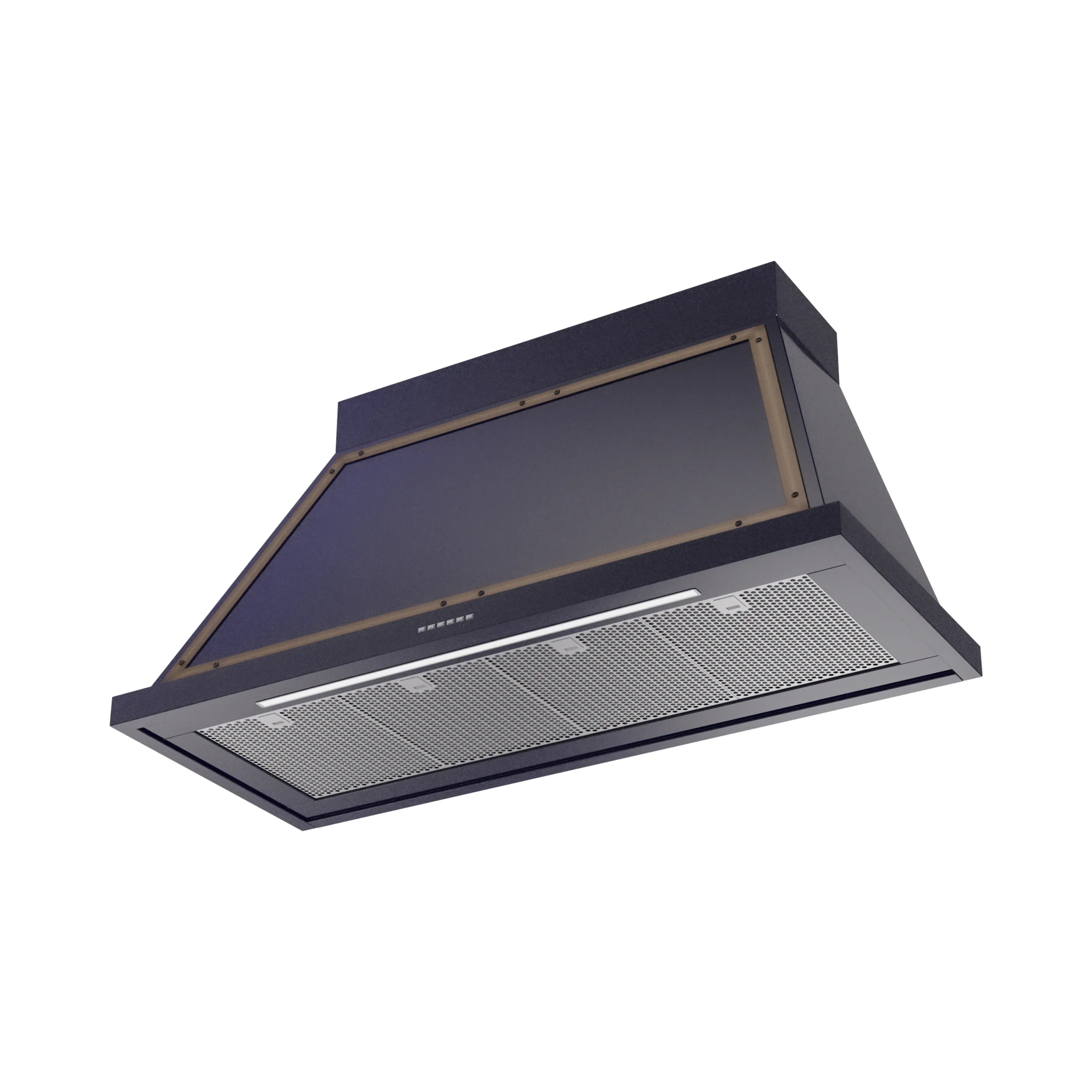 Midnight blue range hood with bronze frame, vent panel and metal grease filter