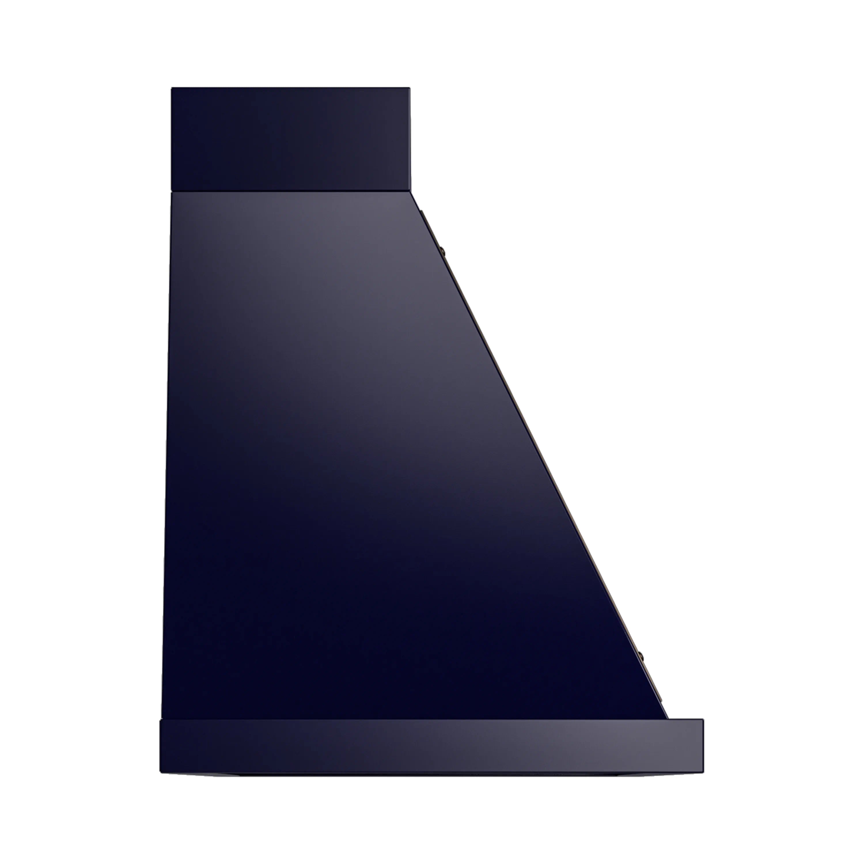 Midnight blue wall-mounted range hood with bronze-trimmed chimney and angled canopy