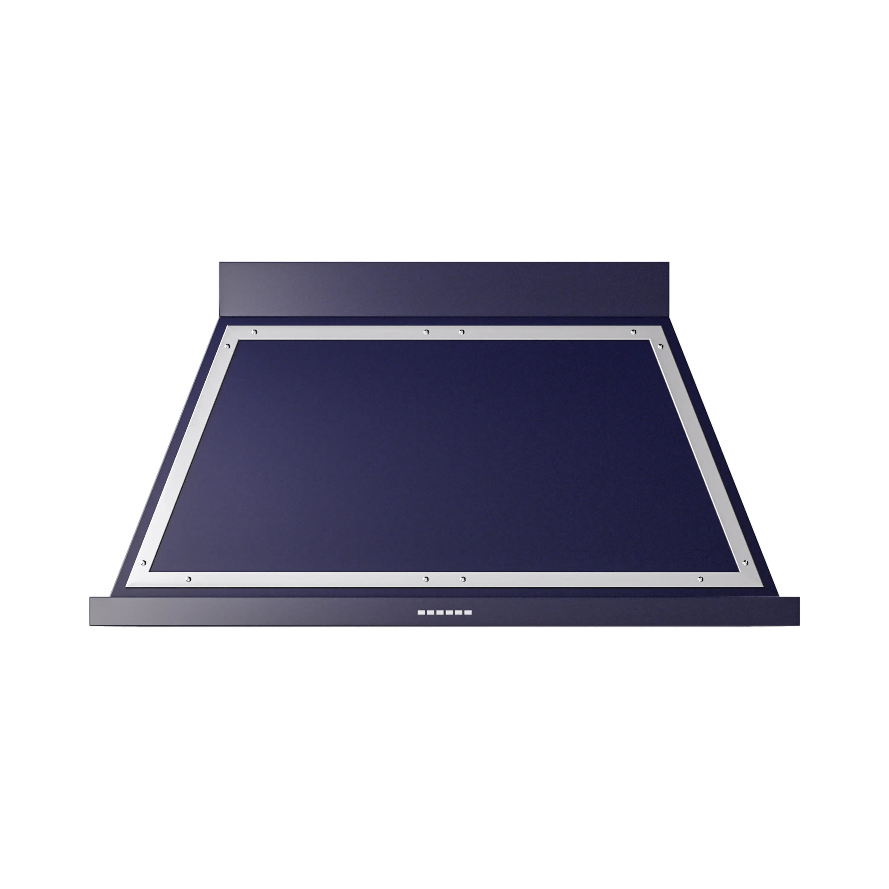 Wall-mount range hood in midnight blue with chrome edge and recessed intake
