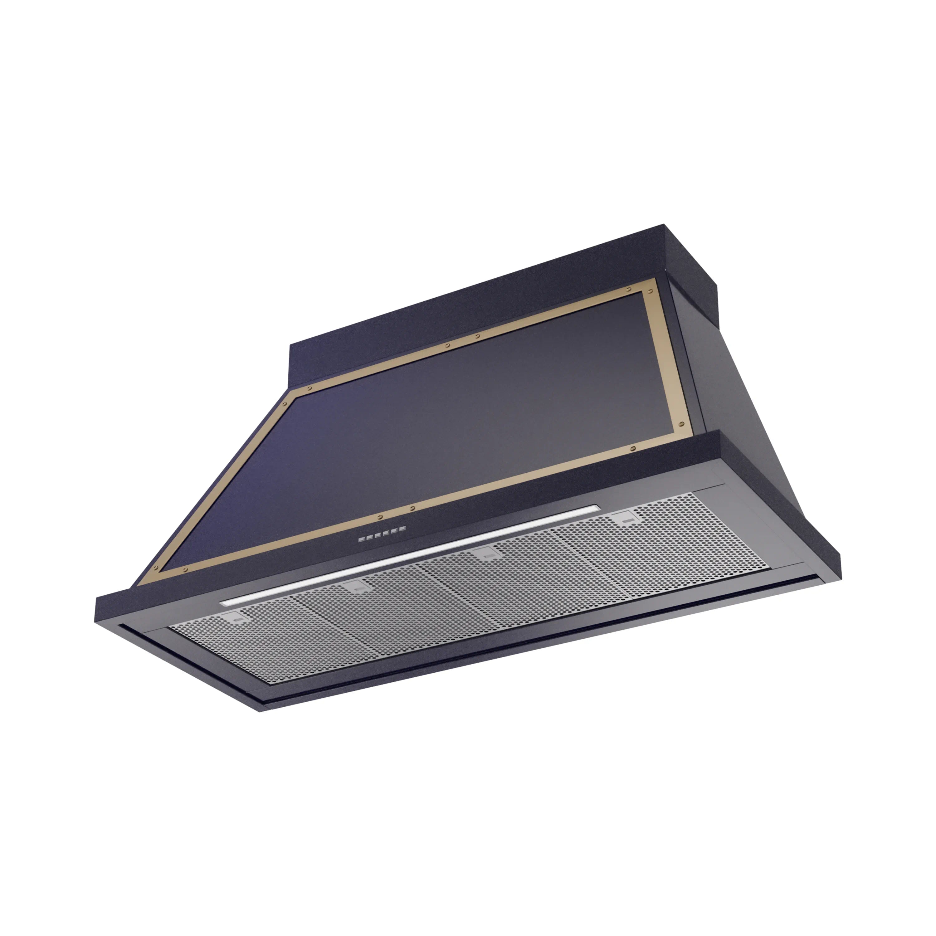 Midnight blue wall range hood with brass trim, front mesh grease filters
