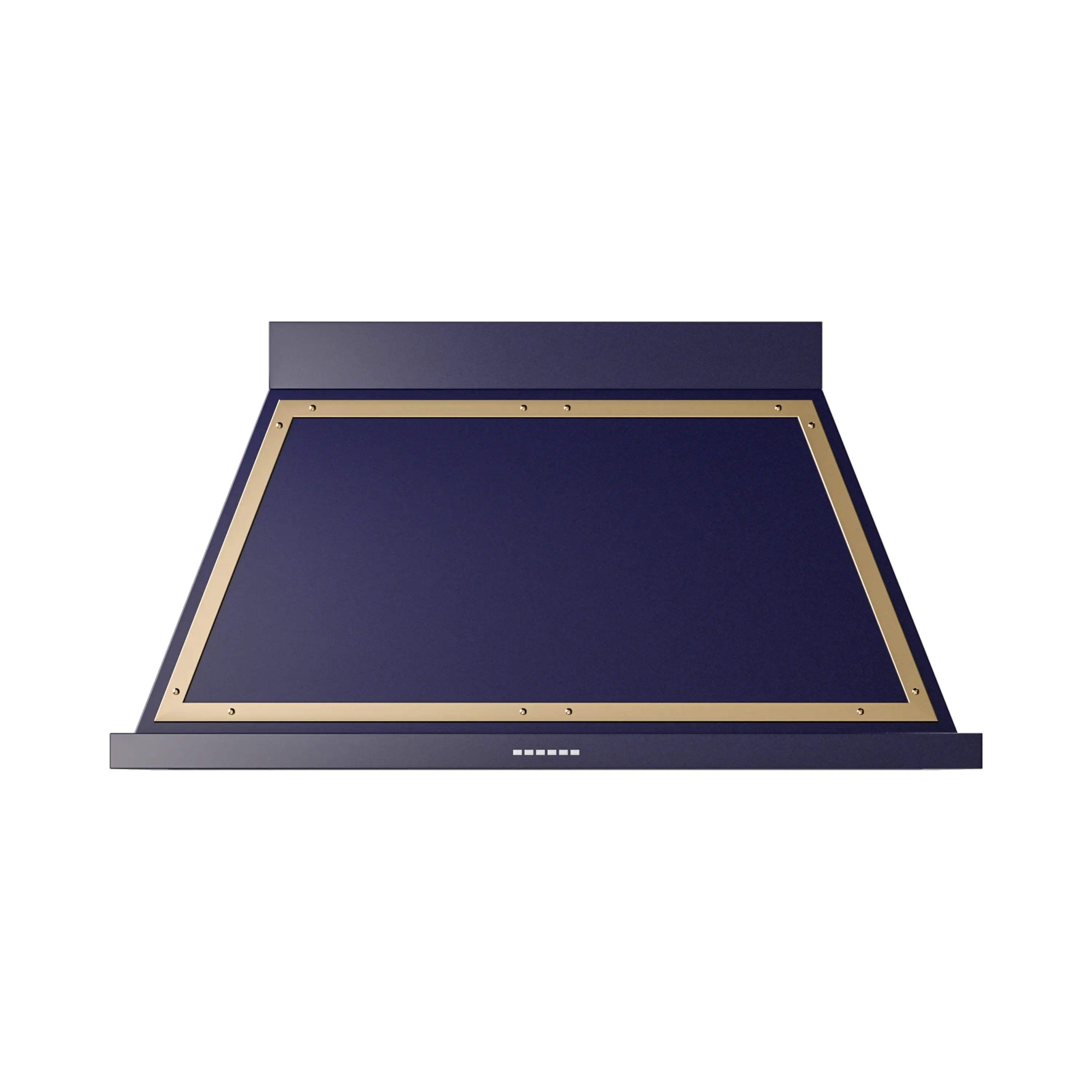 Midnight blue wall range hood with brass-framed backlit panel and vent slots