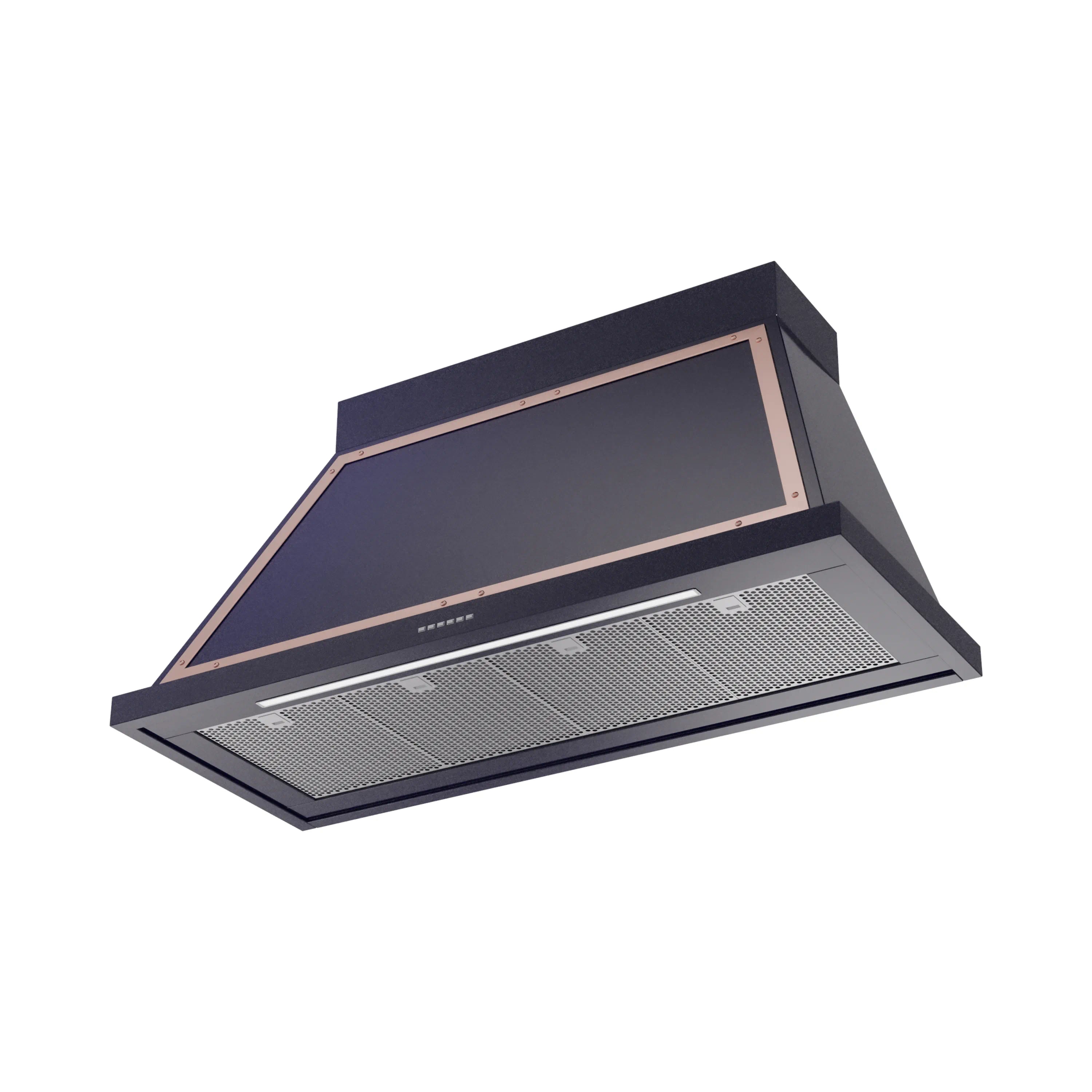 Midnight blue wall hood with copper trim and front grease filter panel