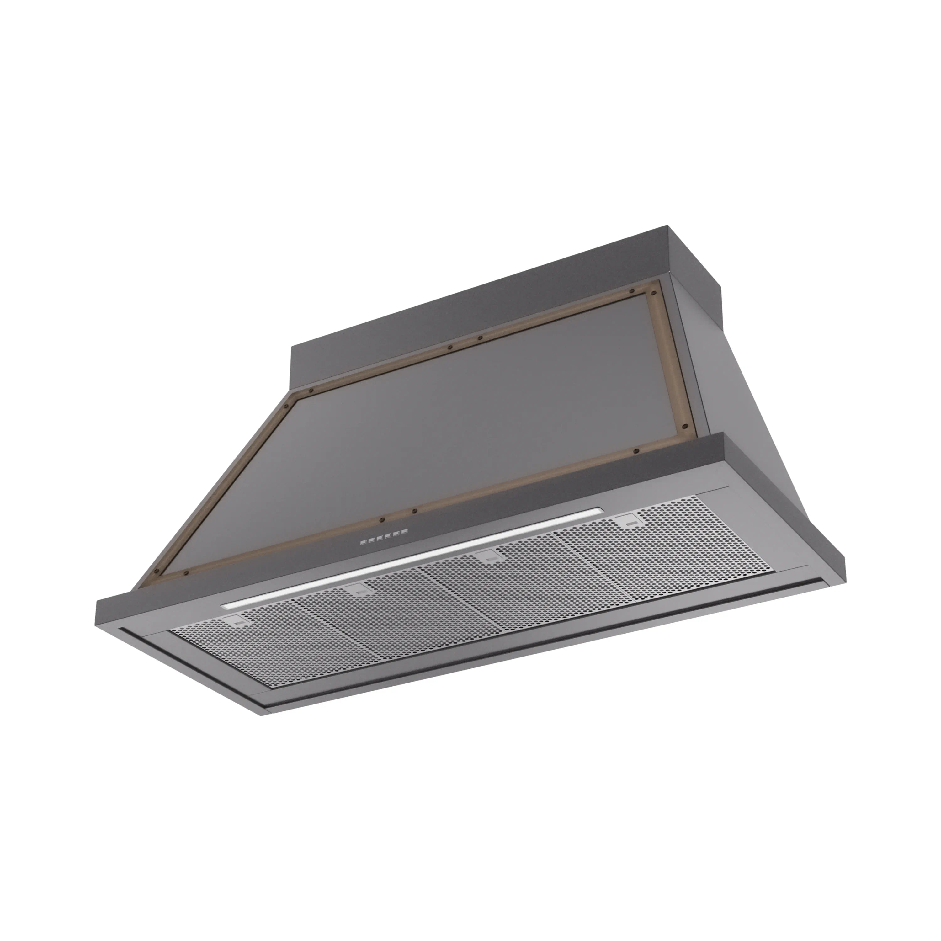 Graphite matte wall range hood with bronze trim and front mesh filters