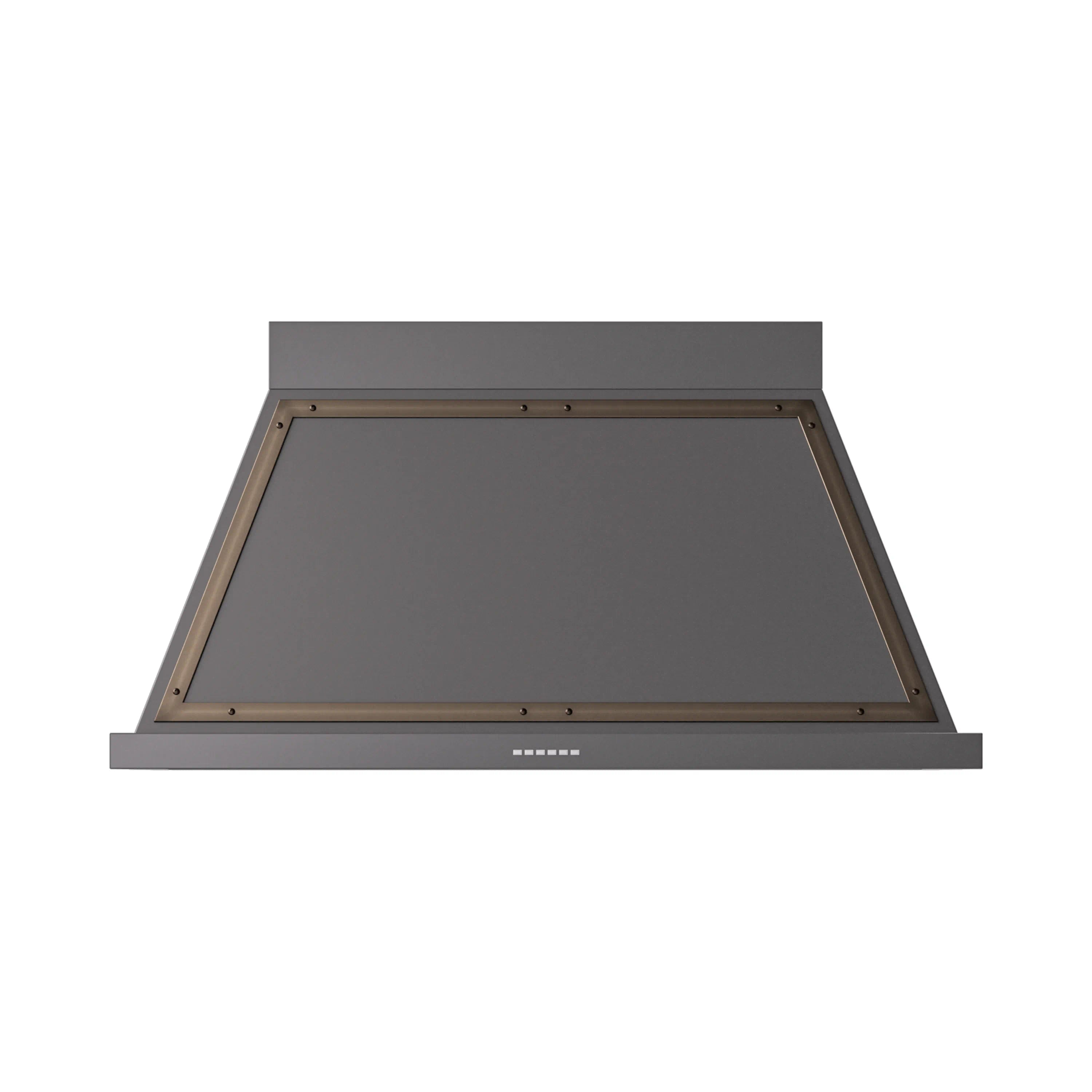 Graphite matte wall range hood front opening with bronze border frame