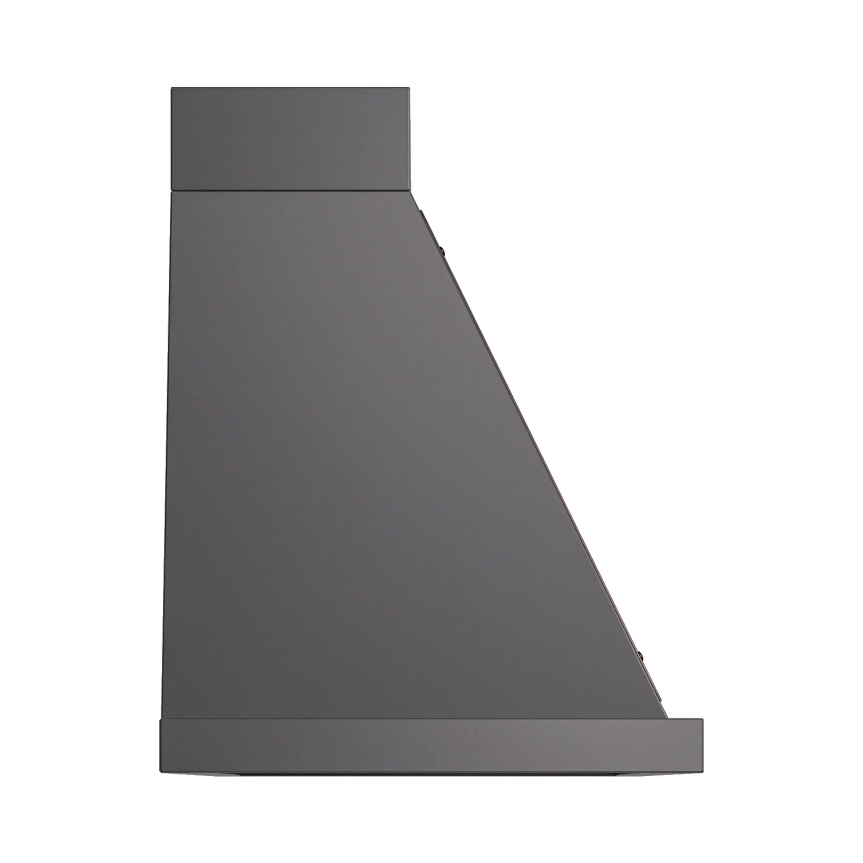 Graphite matte wall range hood side panel with stepped chimney design