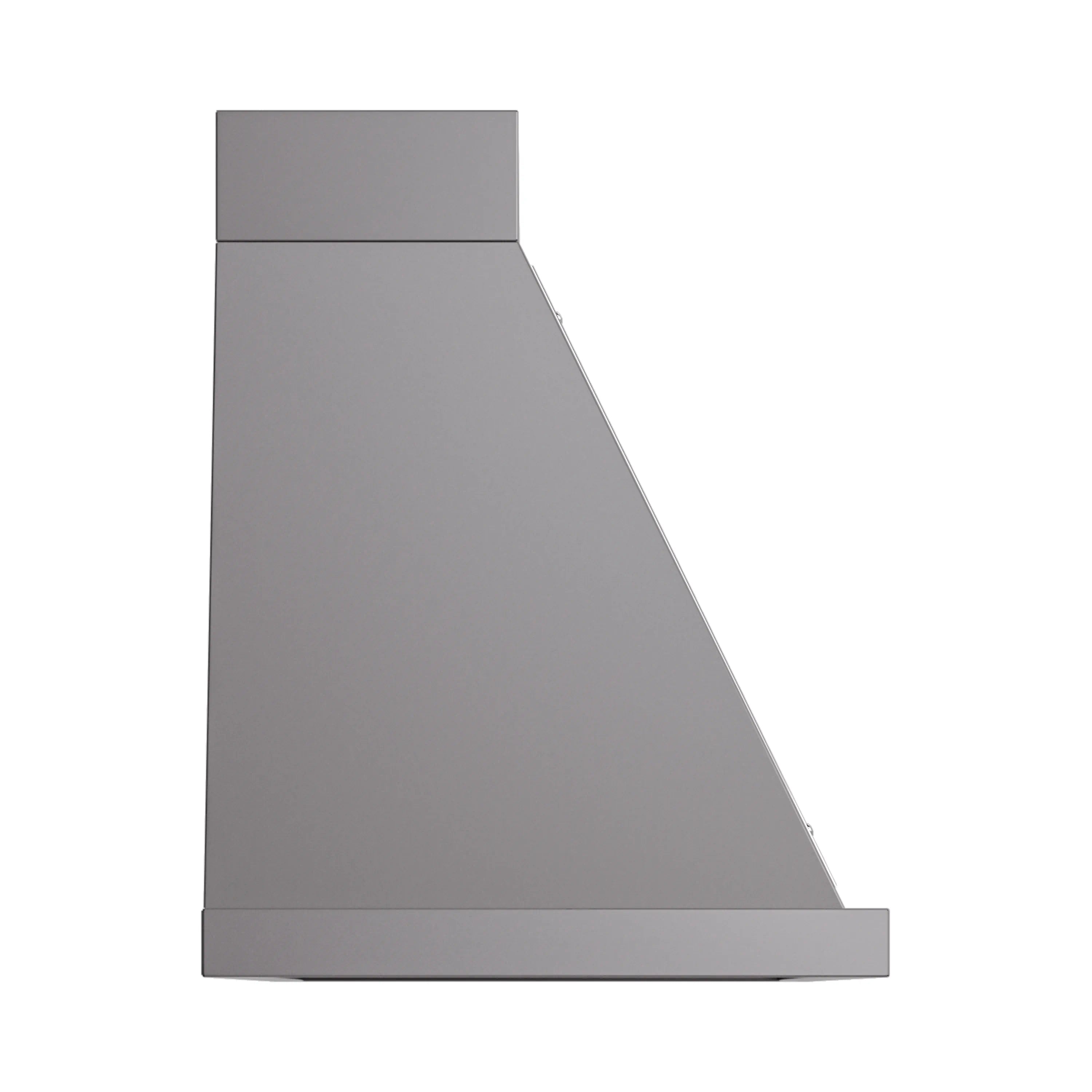 Graphite matte wall range hood with chrome trim, angled chimney front view