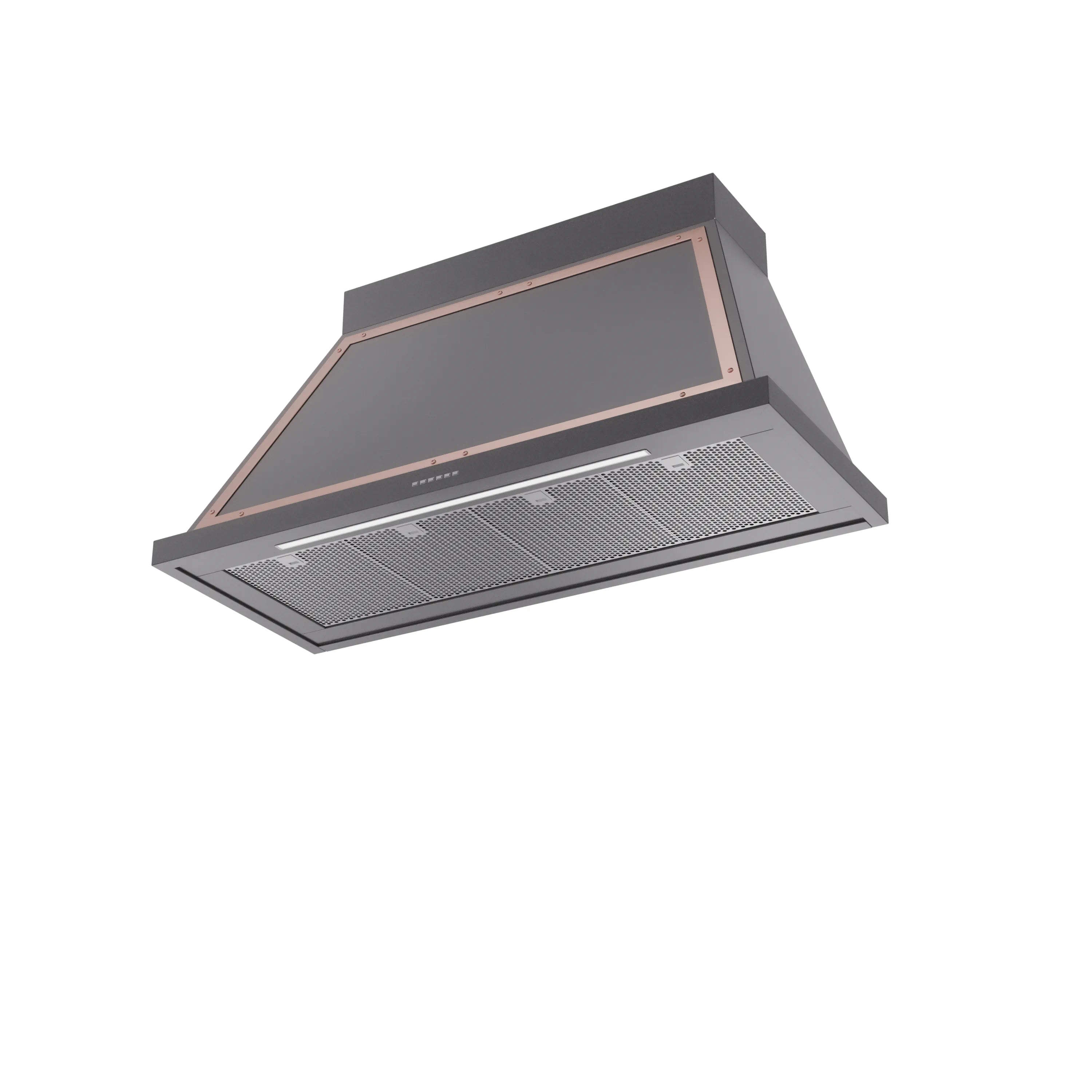 Graphite matte wall-mounted range hood with copper-trimmed canopy and vent filters