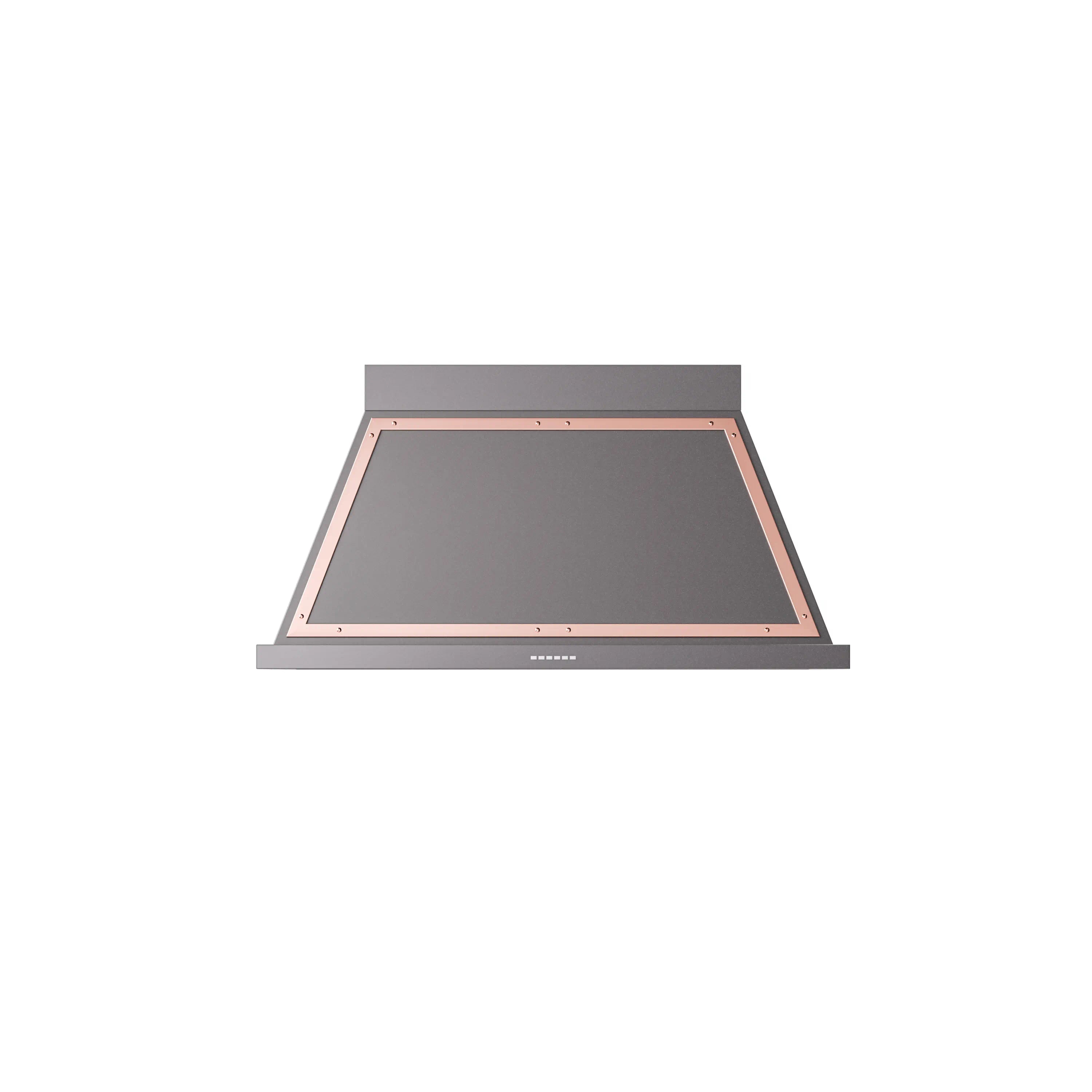 Graphite matte wall-mounted range hood front panel with copper trim and control dots