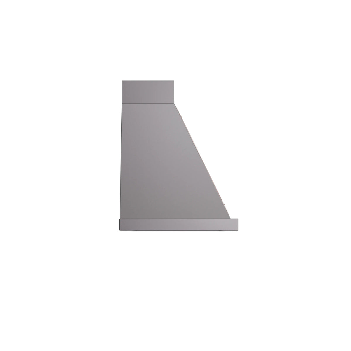 Graphite matte wall-mounted range hood with copper trim, angled view