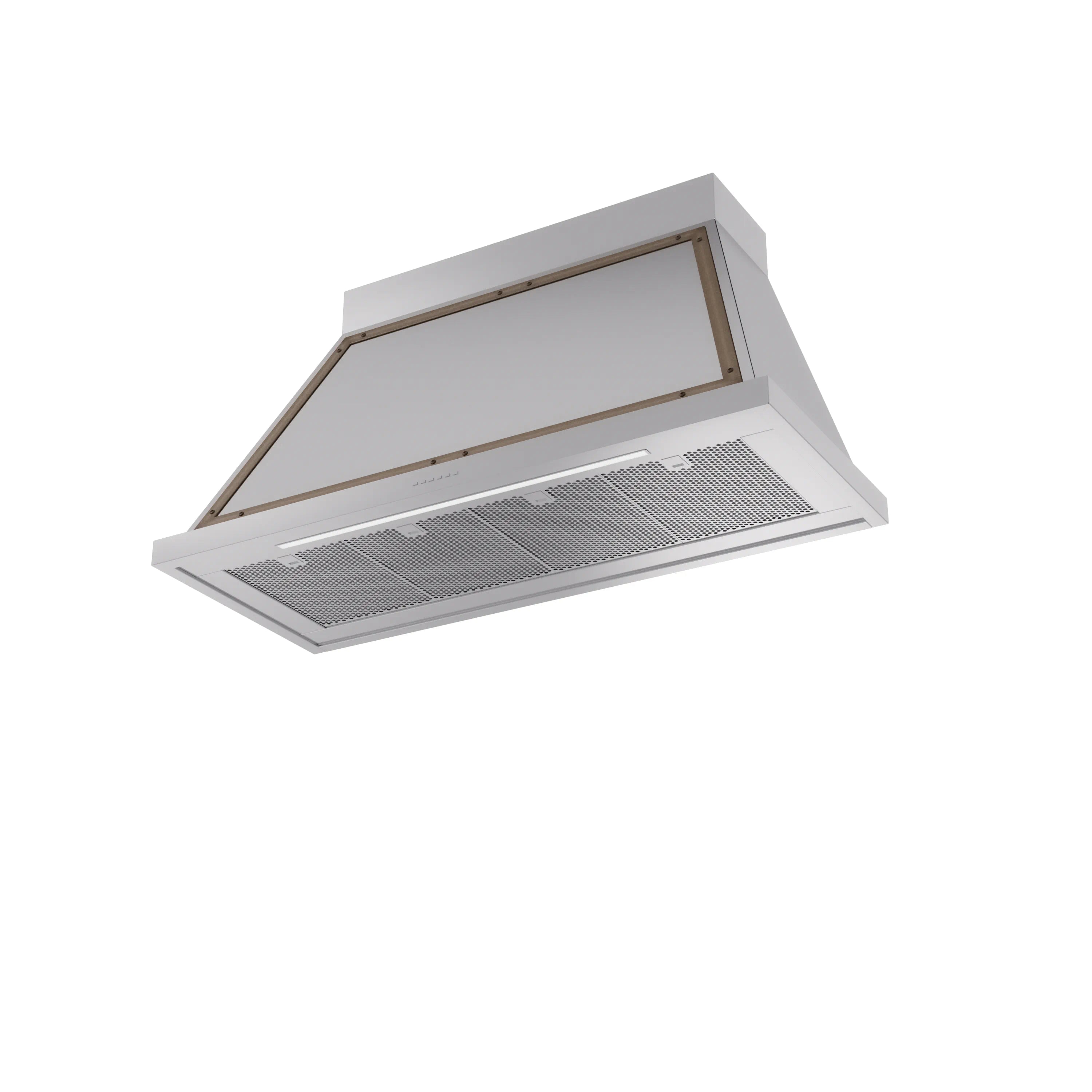 Stainless steel wall range hood with bronze trim and vented fan filter