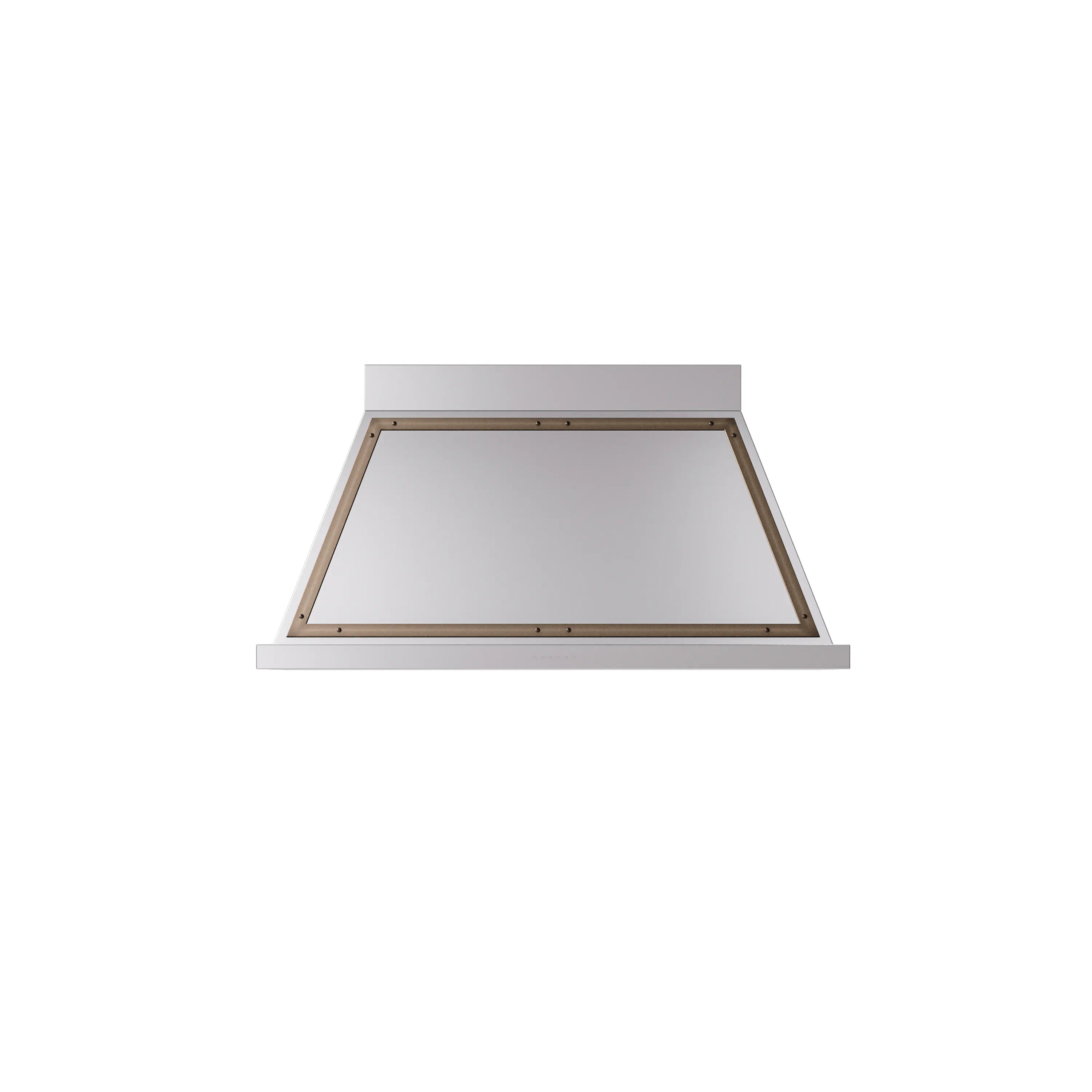 Stainless steel wall range hood with bronze trim, open front view