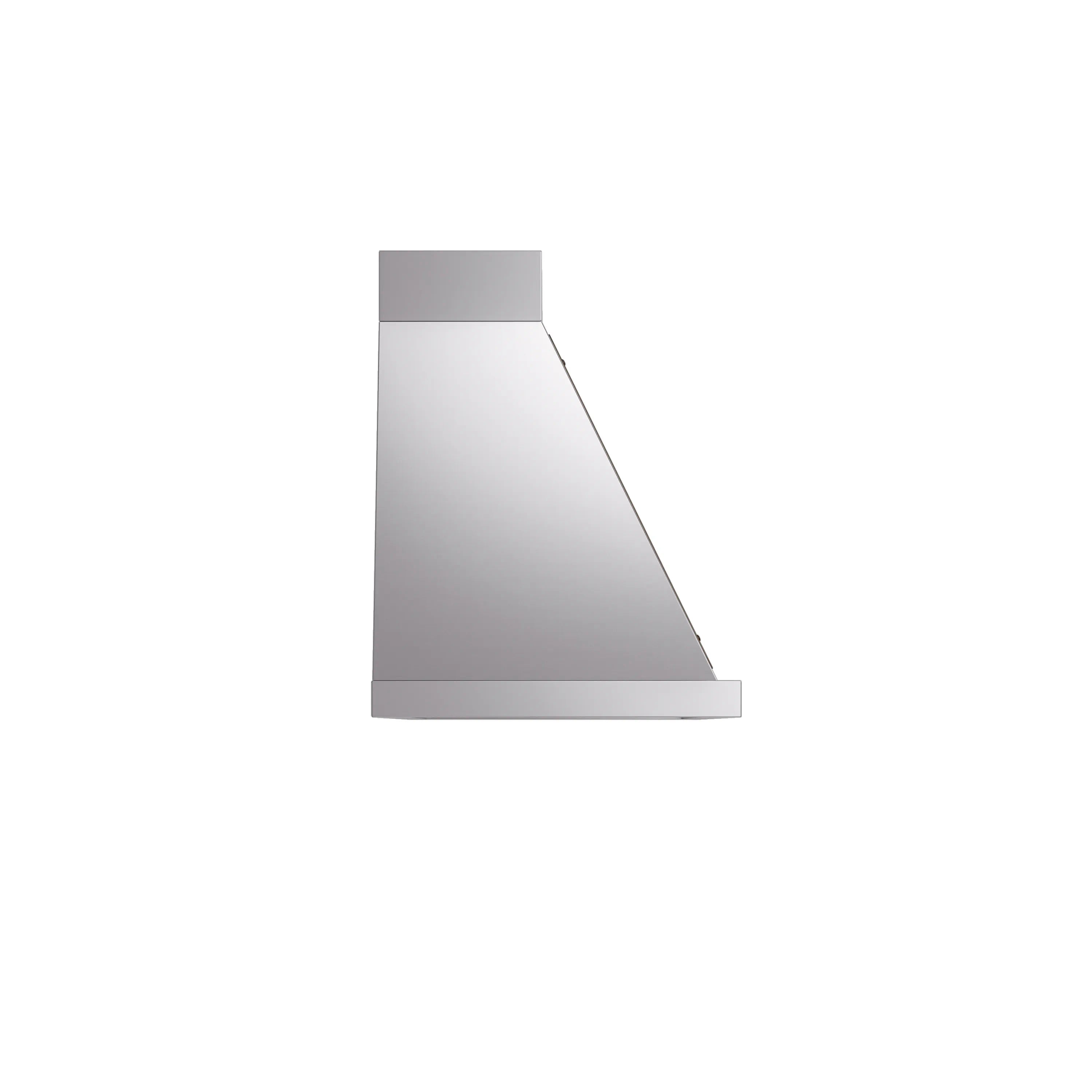 Stainless steel wall range hood side profile with bronze-trimmed edge