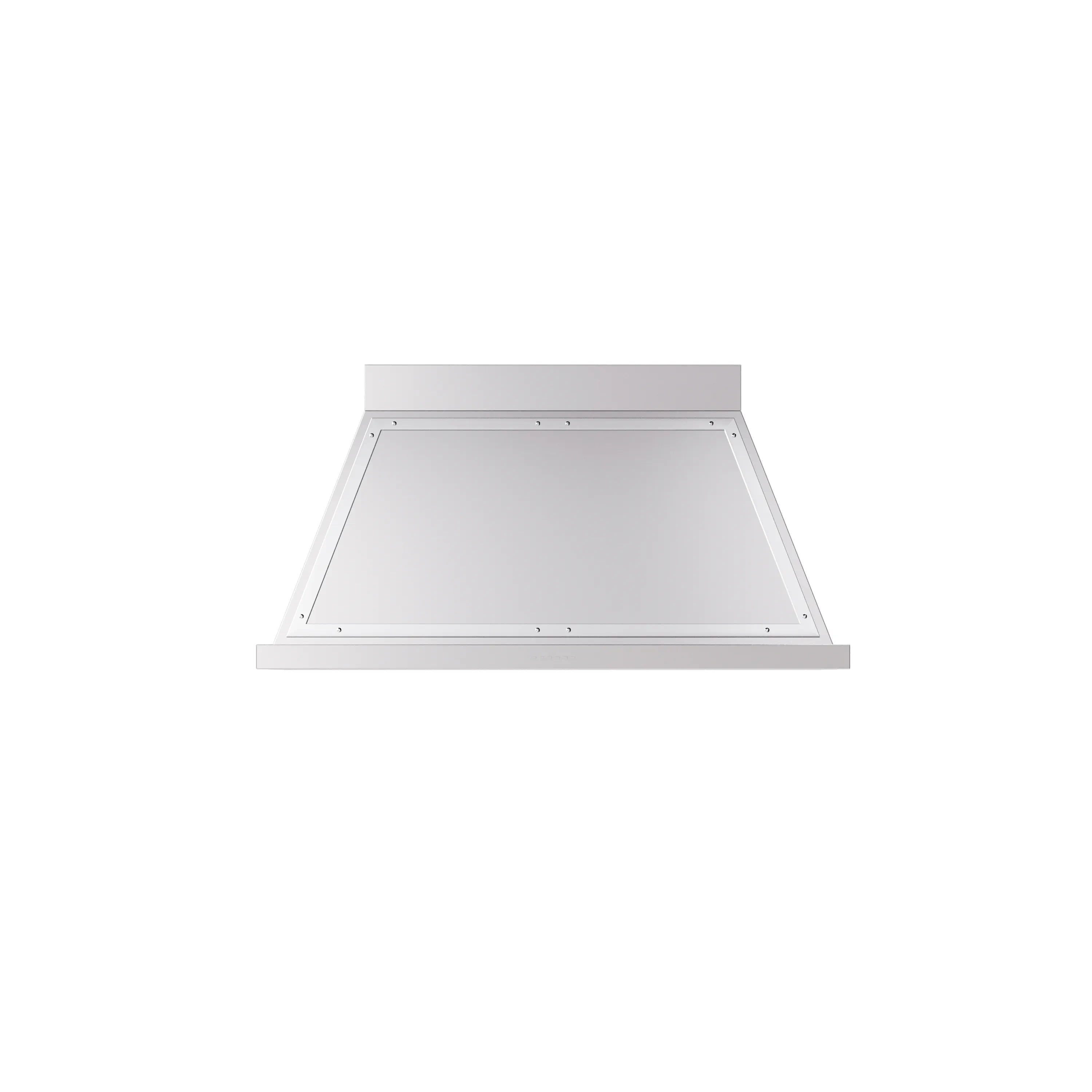 Stainless steel wall-mounted range hood with chrome-trim canopy, front opening visible