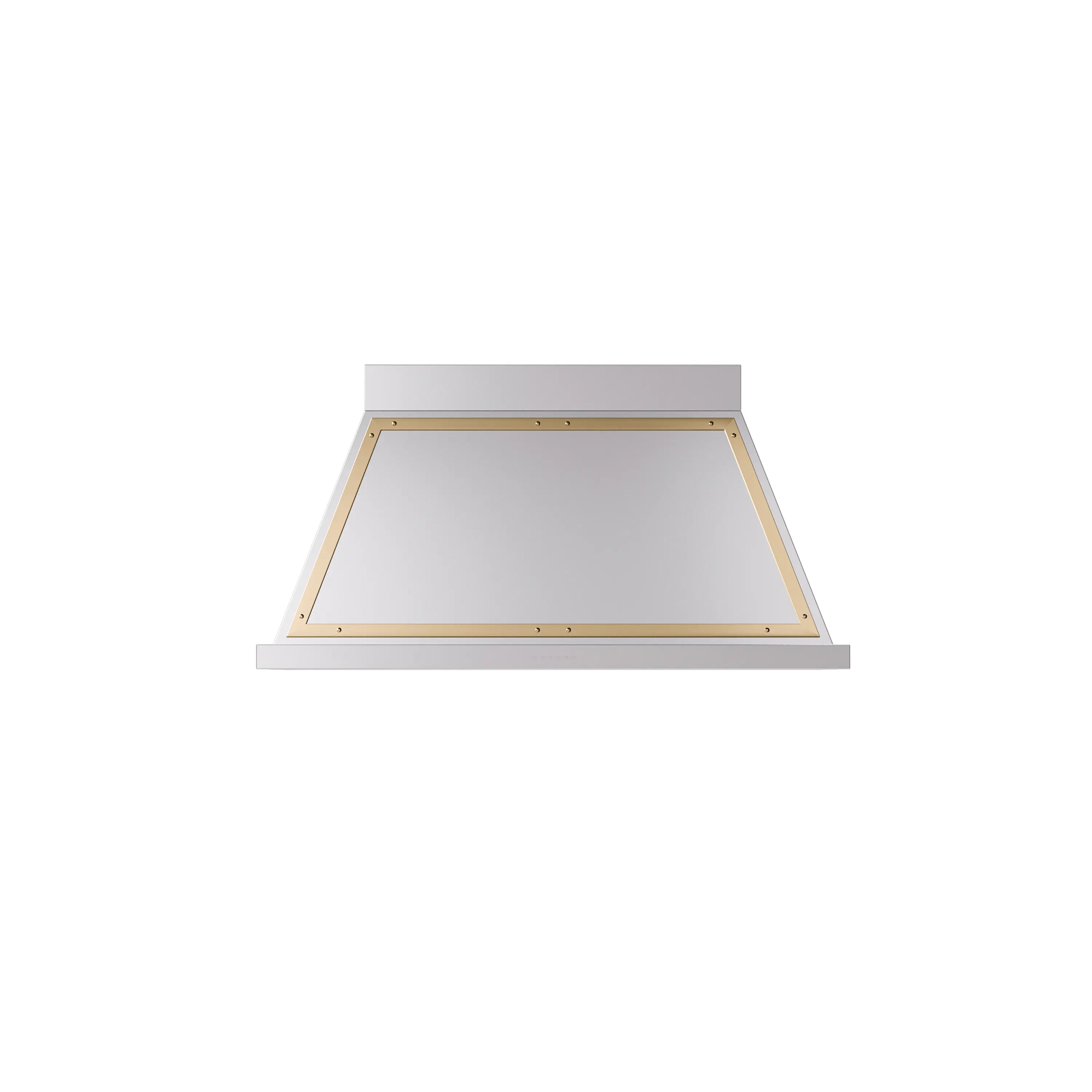 Stainless steel wall range hood with brass-trimmed underside panel
