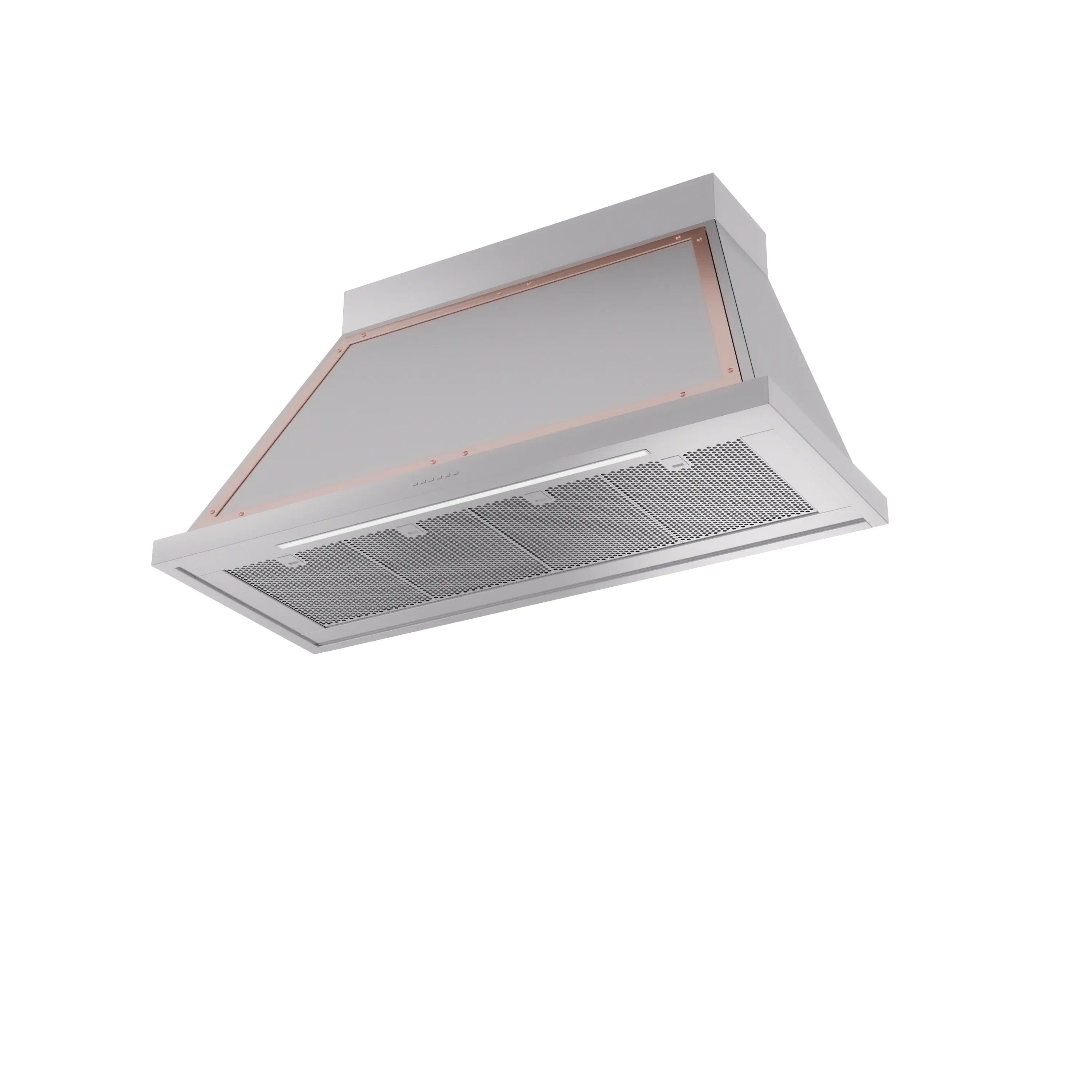 Stainless steel wall range hood with copper trim and front grease filter grilles